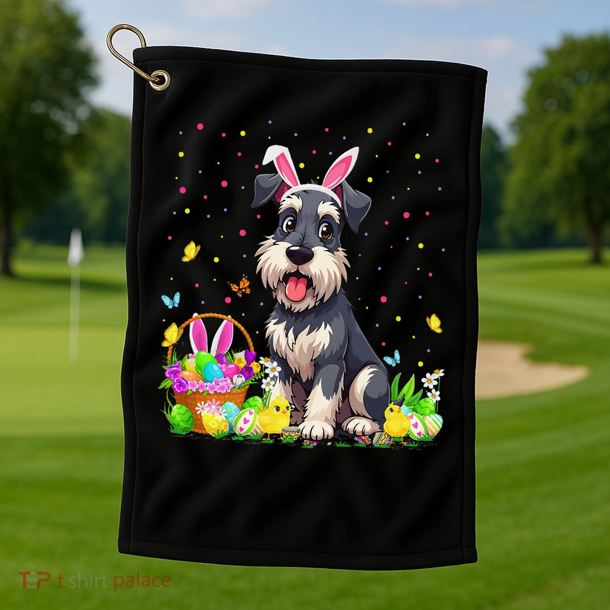 Miniature Schnauzer Dog Easter Egg Hunt Bunny Ear Easter Golf Towel