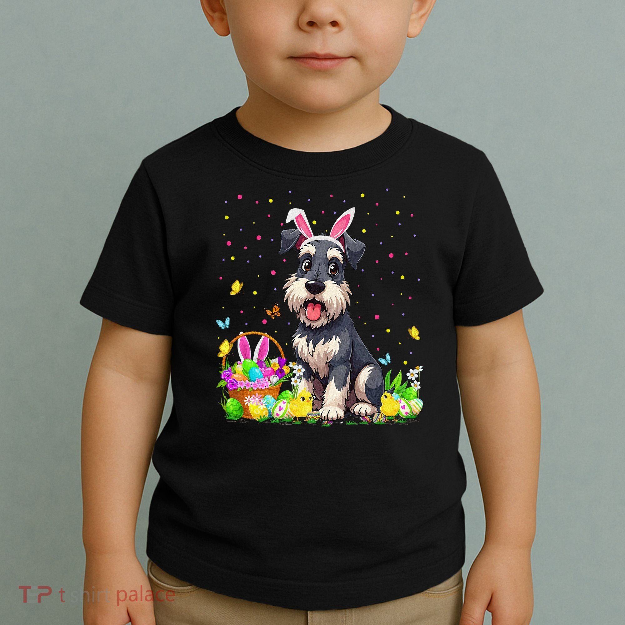 Miniature Schnauzer Dog Easter Egg Hunt Bunny Ear Easter Toddler T-Shirt