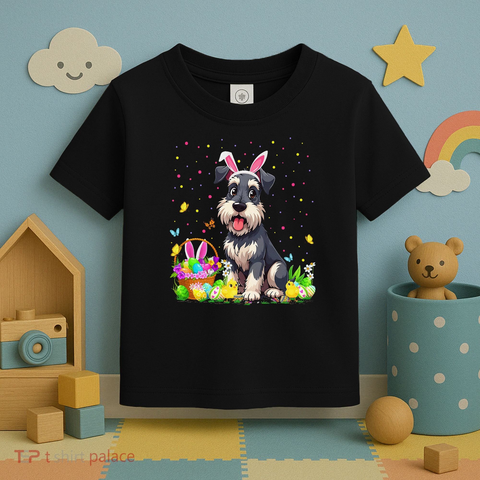 Miniature Schnauzer Dog Easter Egg Hunt Bunny Ear Easter Toddler T-Shirt