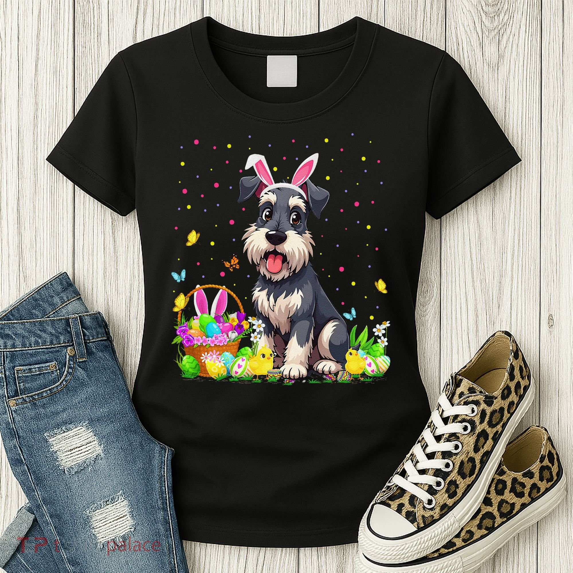 Miniature Schnauzer Dog Easter Egg Hunt Bunny Ear Easter Women's T-Shirt