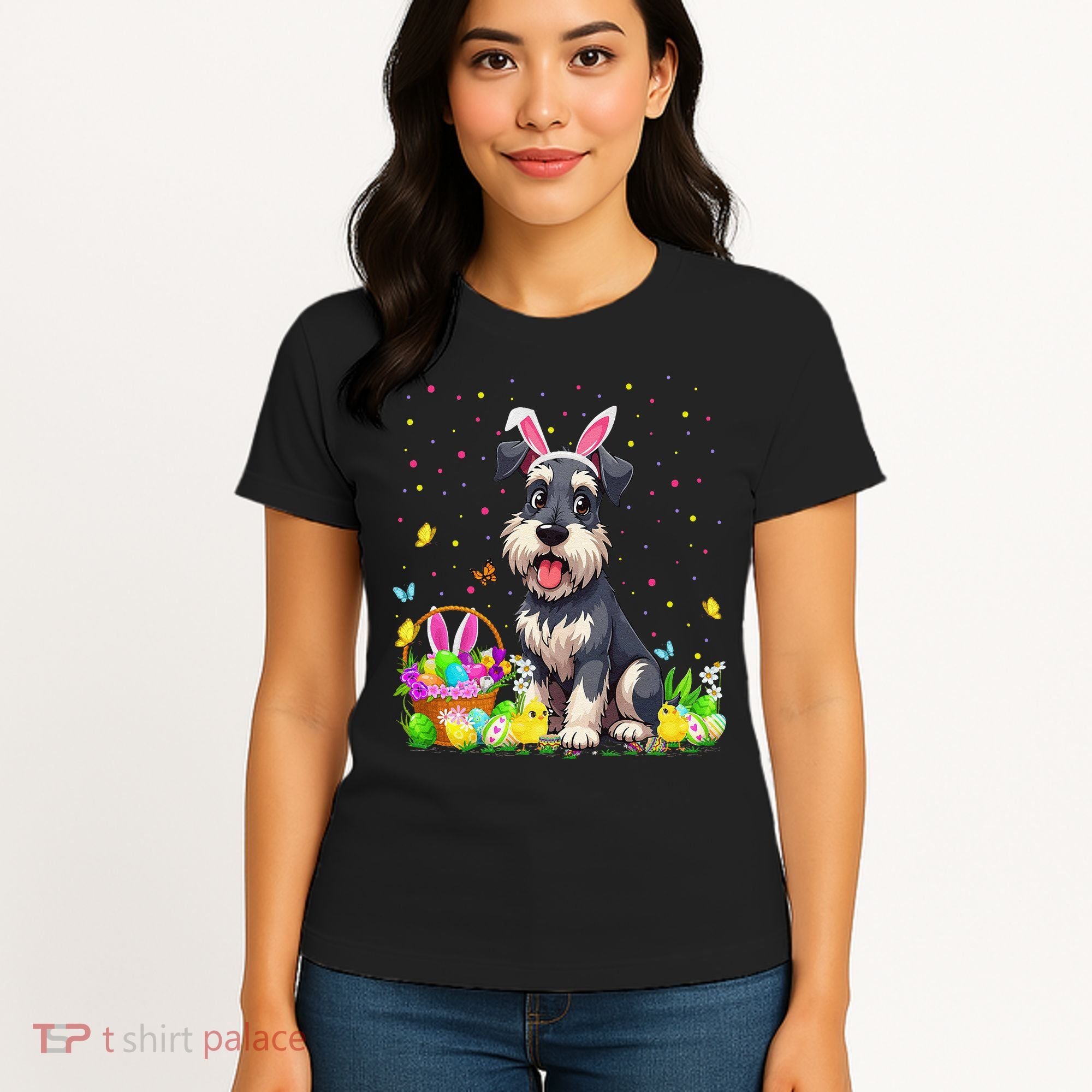Miniature Schnauzer Dog Easter Egg Hunt Bunny Ear Easter Women's T-Shirt