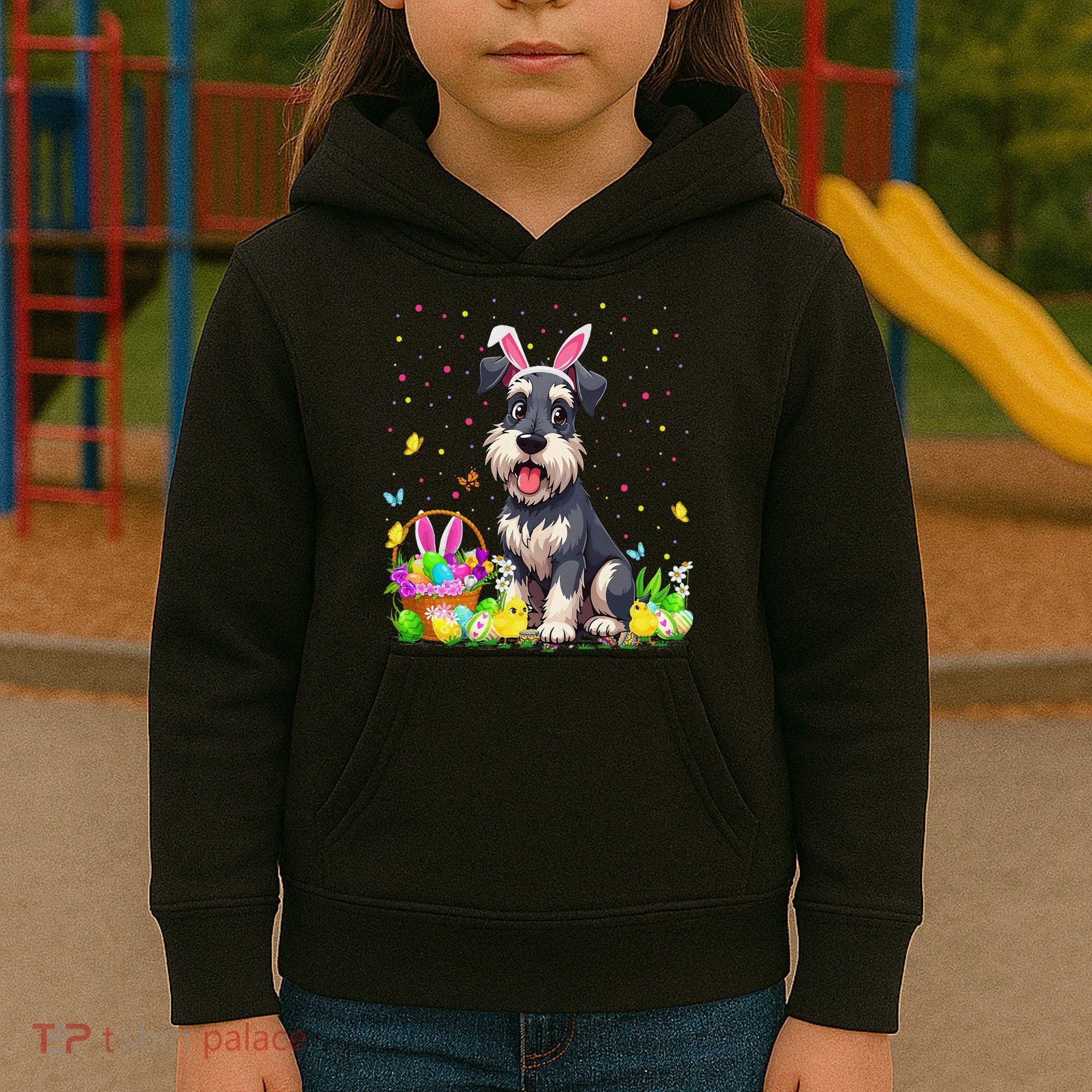 Miniature Schnauzer Dog Easter Egg Hunt Bunny Ear Easter Kids Hoodie