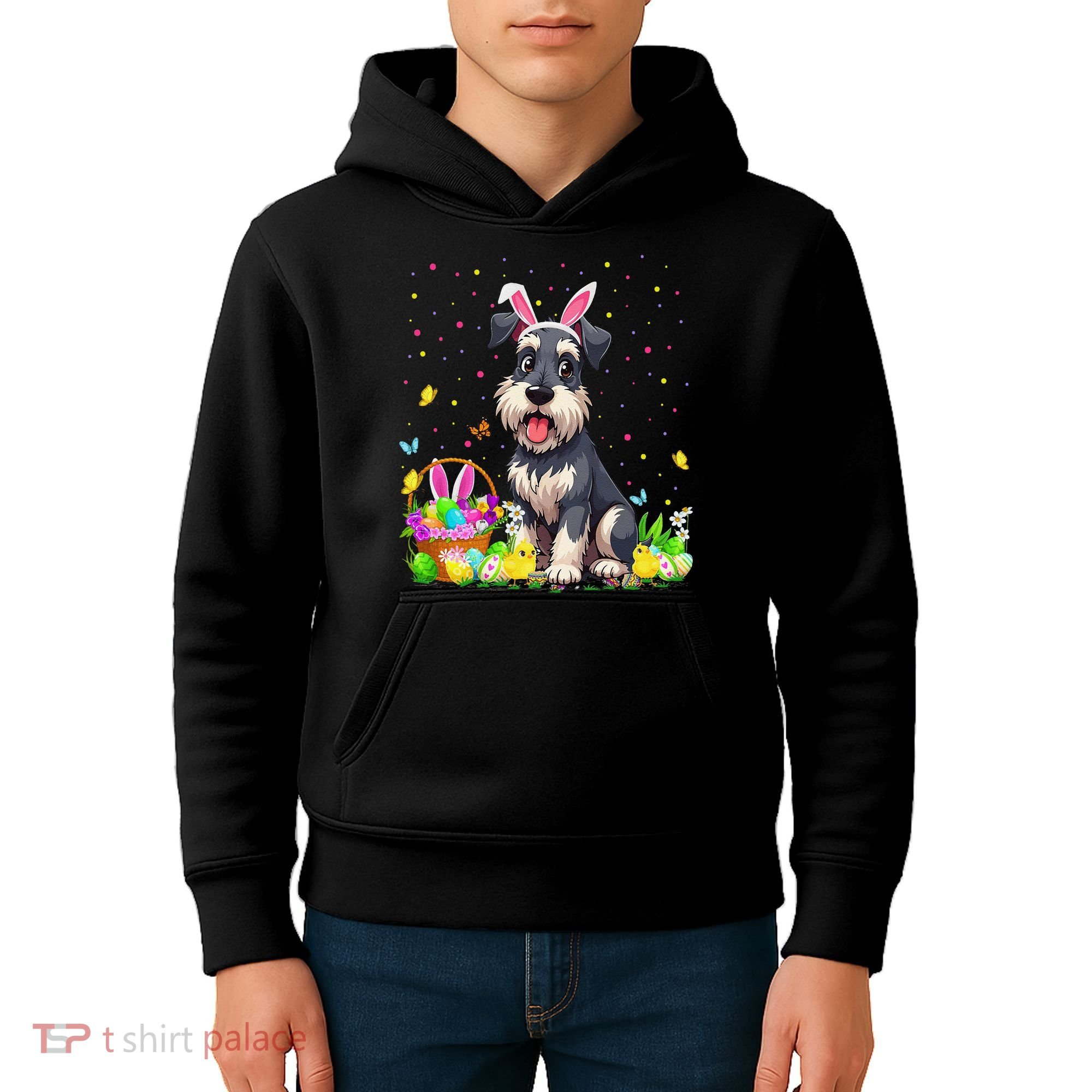 Miniature Schnauzer Dog Easter Egg Hunt Bunny Ear Easter Kids Hoodie