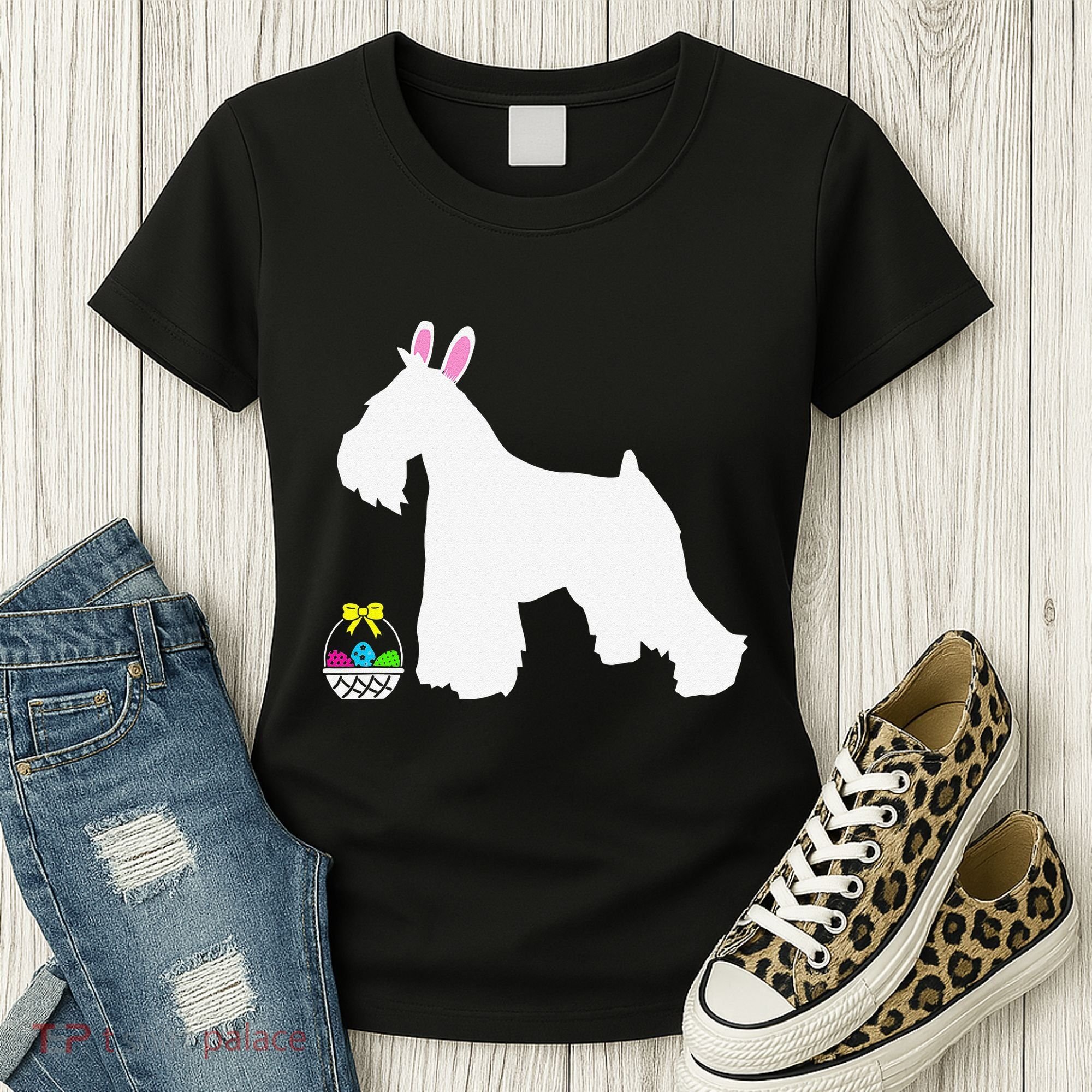 Miniature Schnauzer Easter Bunny Dog Silhouette Women's T-Shirt