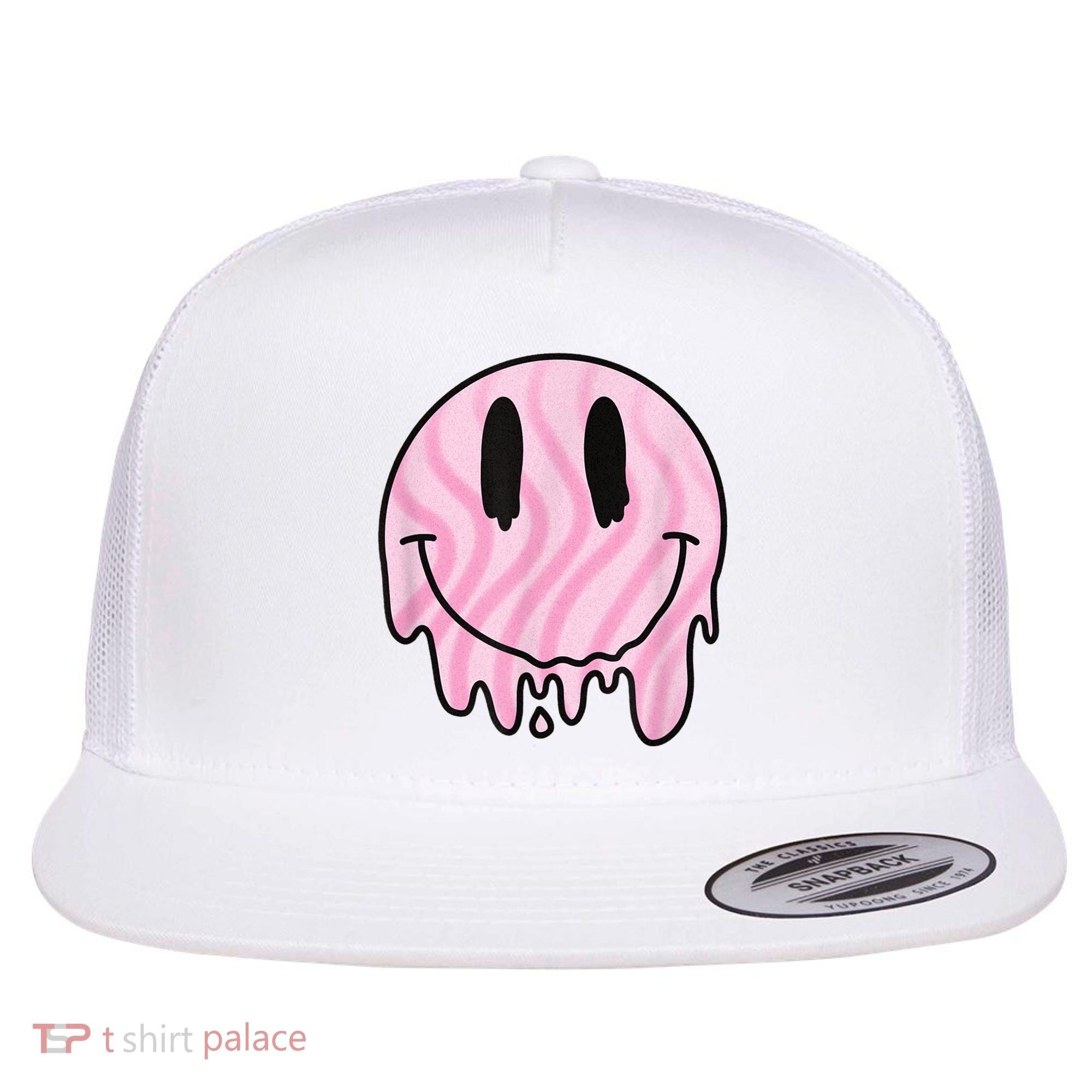 Melted Smiley Face Retro 80s Dripping Melting Happy Smile Flat Bill Trucker Hat