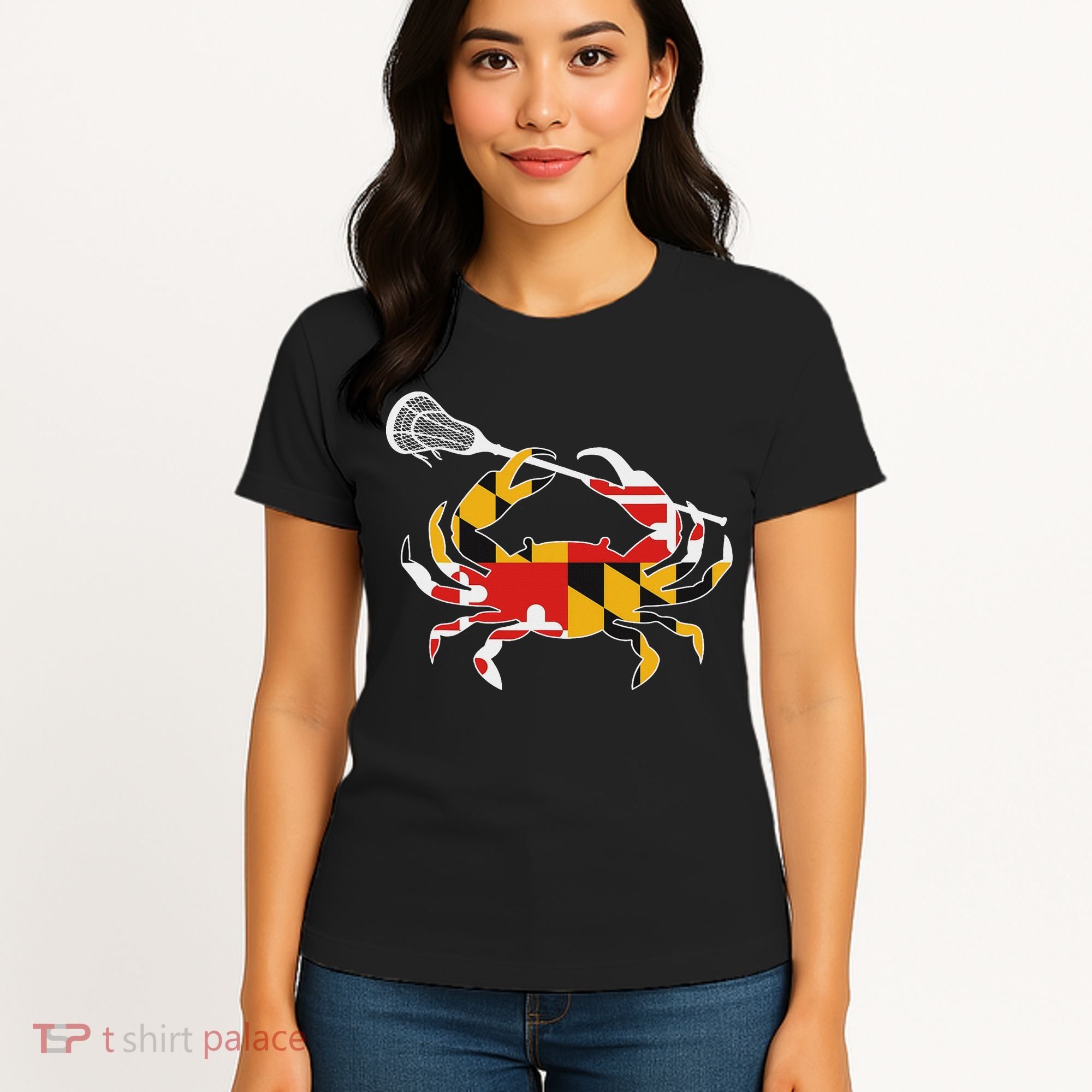 Maryland State Flag Crab Lacrosse Complete Stick & Girl Women's T-Shirt