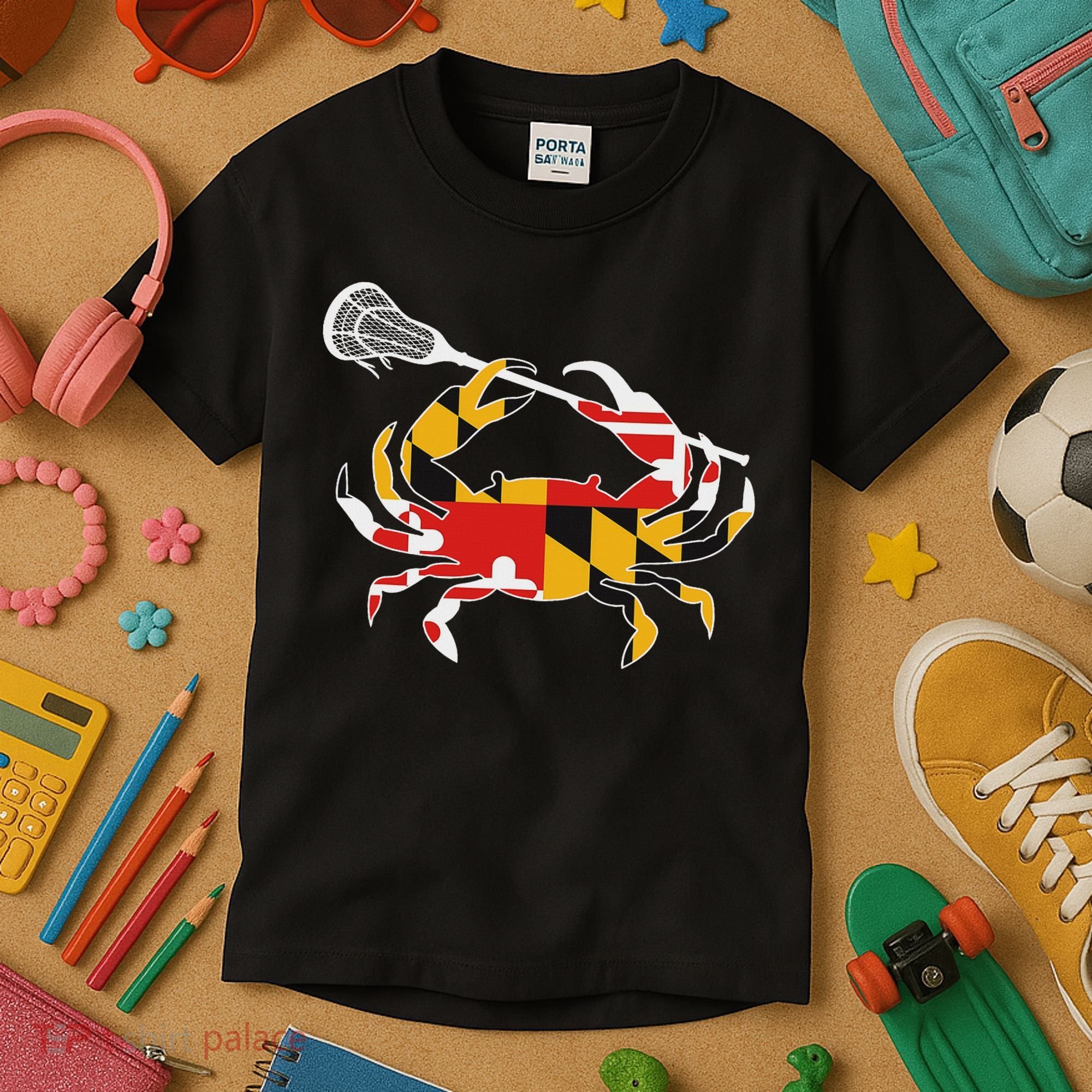 Maryland State Flag Crab Lacrosse Complete Stick & Girl Kids T-Shirt