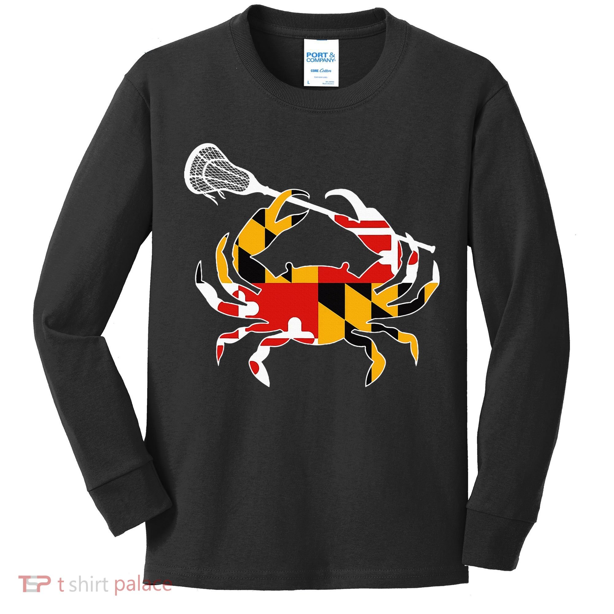 Maryland State Flag Crab Lacrosse Complete Stick Kids Long Sleeve Shirt