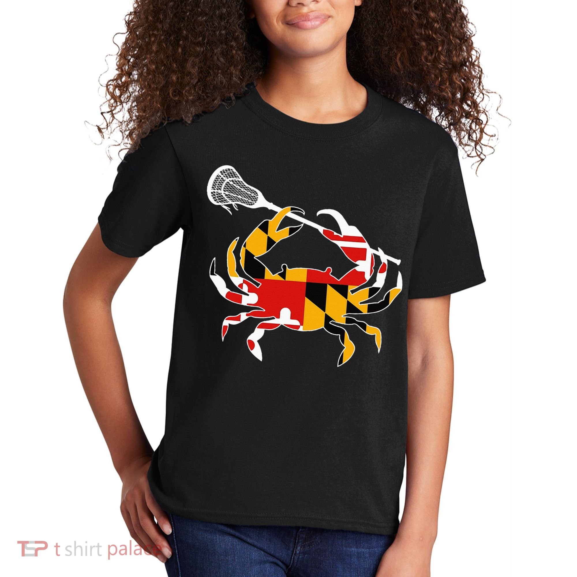 Maryland State Flag Crab Lacrosse Complete Stick Kids T-Shirt