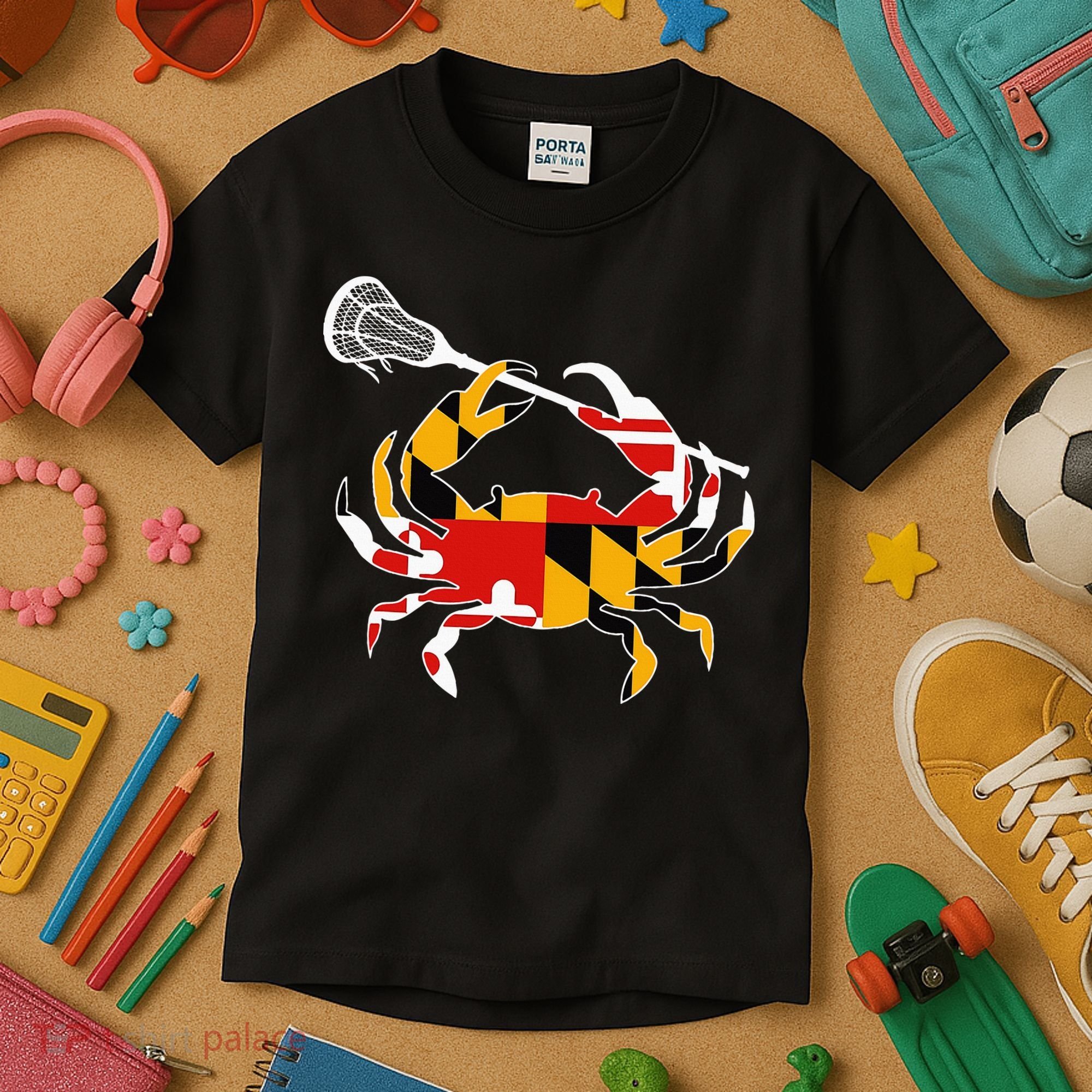 Maryland State Flag Crab Lacrosse Complete Stick Kids T-Shirt