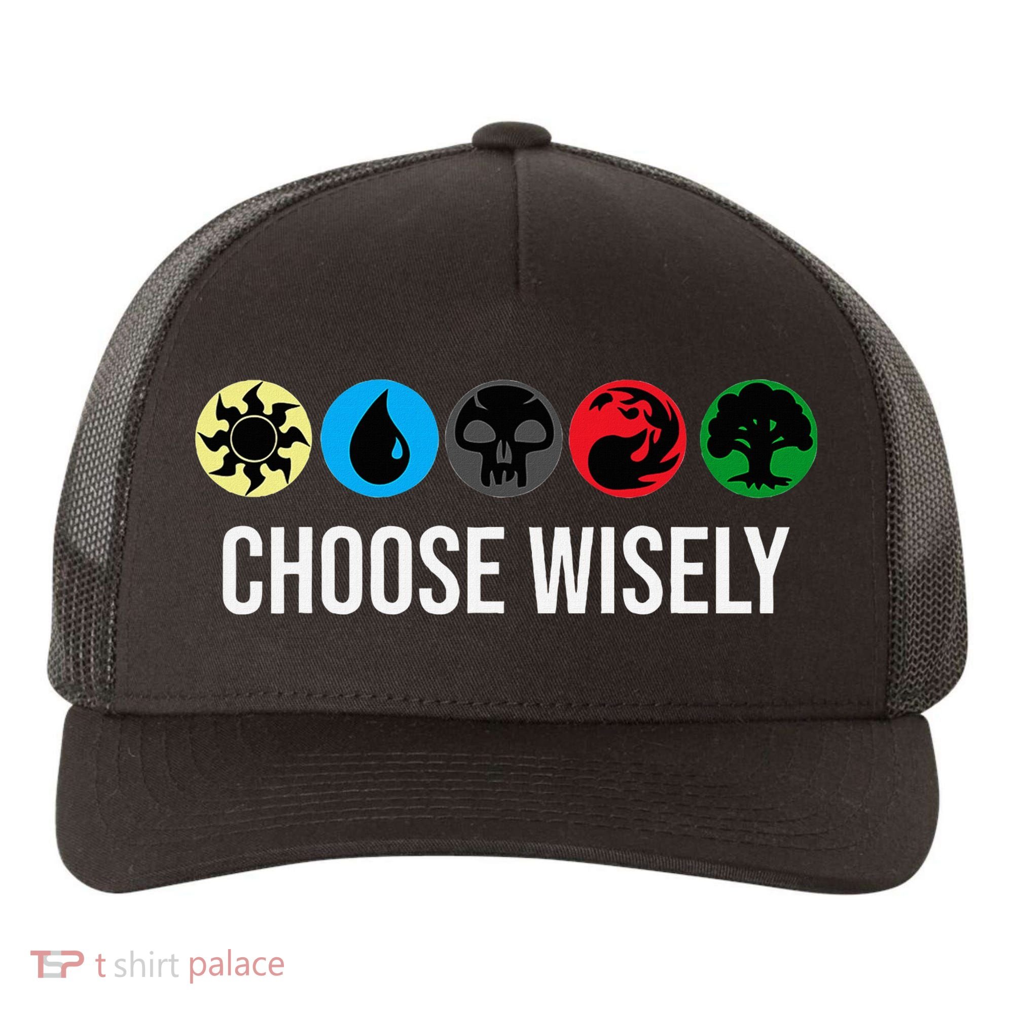 M.A.N.A Symbols Gathering Magic Choose Wisely Blue Red Green Yupoong Adult 5-Panel Trucker Hat
