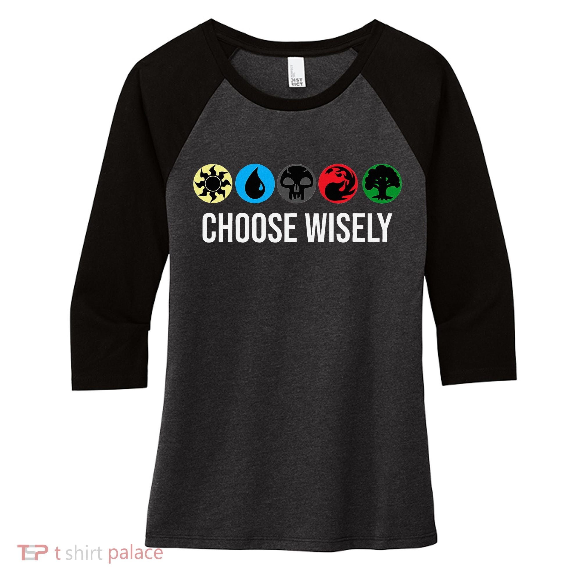 M.A.N.A Symbols Gathering Magic Choose Wisely Blue Red Green Women's Tri-Blend 3/4-Sleeve Raglan Shirt