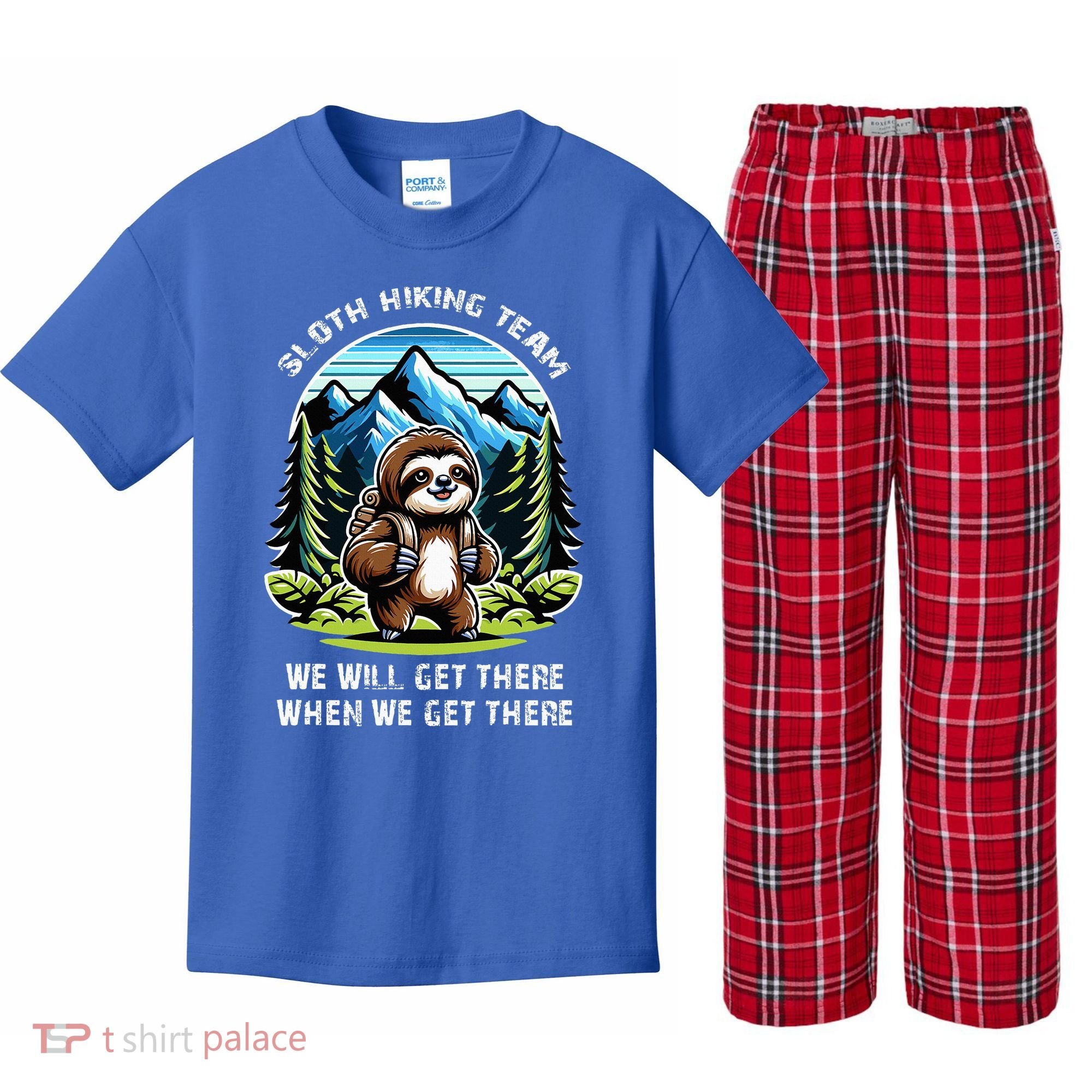 Mountain Sloth Hiking Team Hiking Kids Plaid Pajama Set