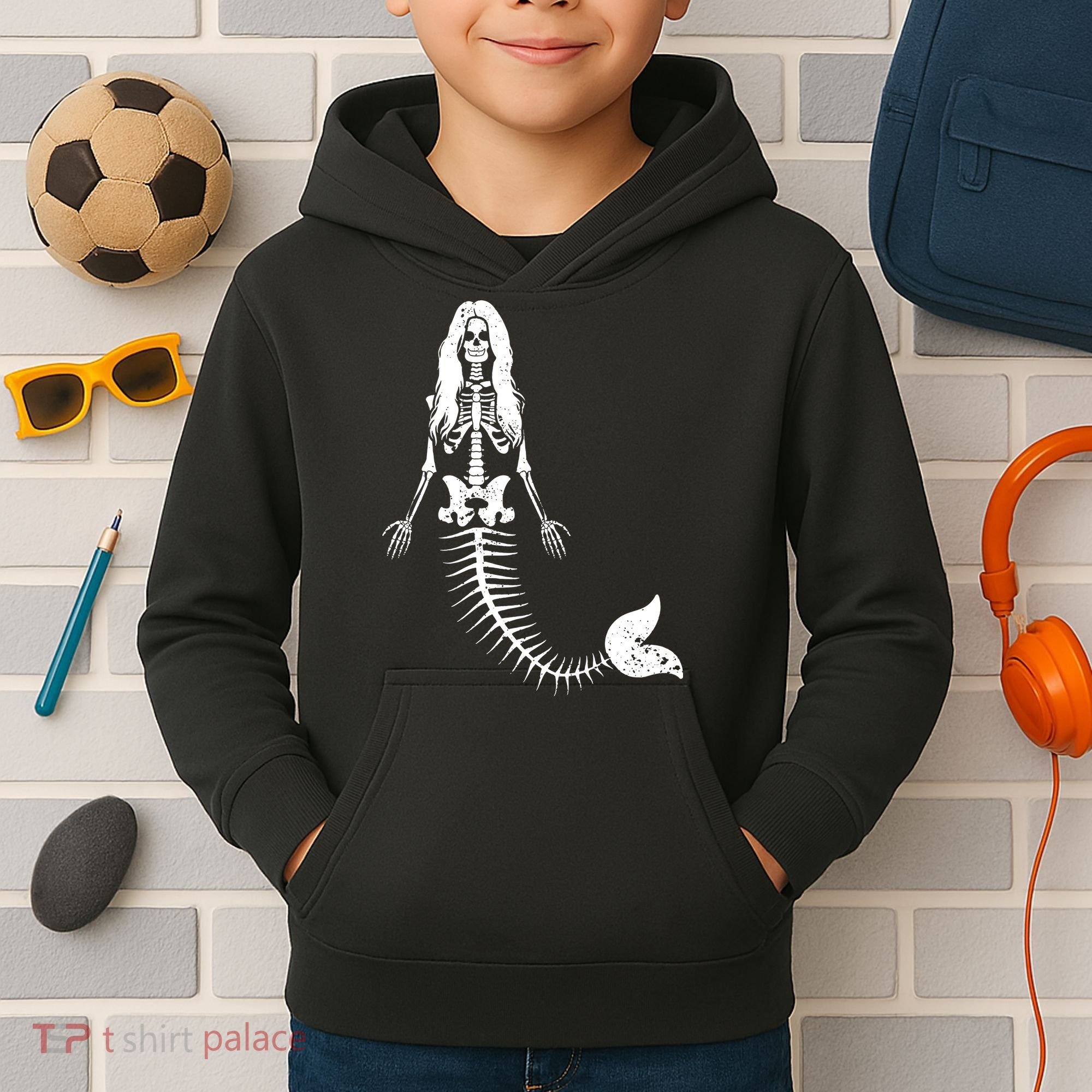 Mermaid Skeleton Halloween Funny Spooky Scary Swimming Kids Hoodie