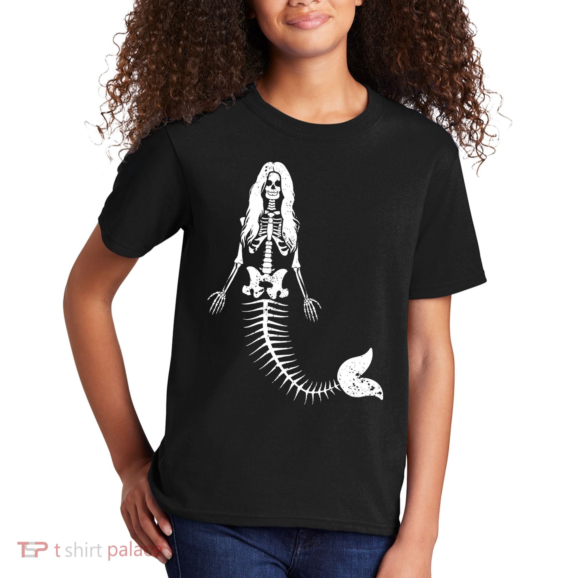Mermaid Skeleton Halloween Funny Spooky Scary Swimming Kids T-Shirt