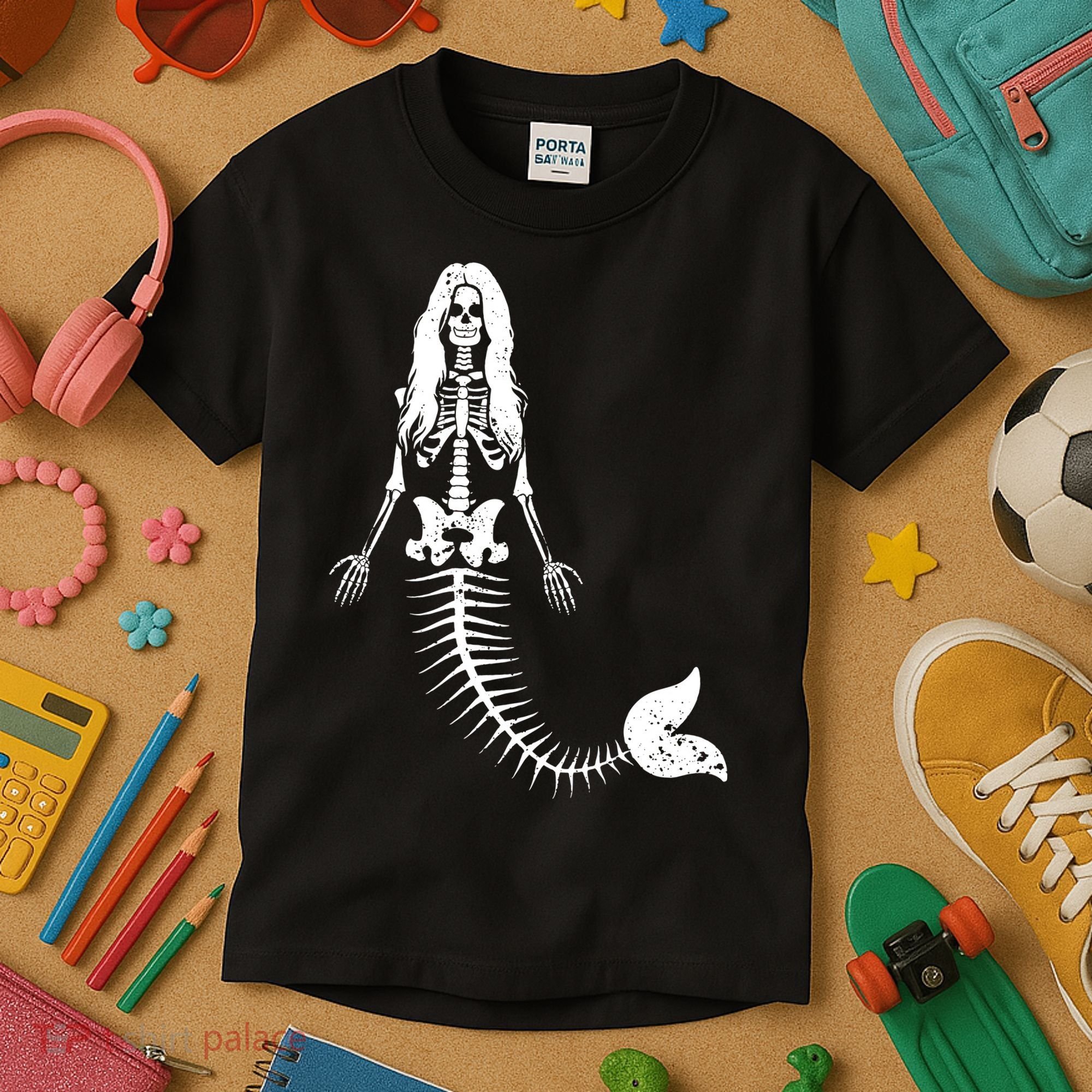 Mermaid Skeleton Halloween Funny Spooky Scary Swimming Kids T-Shirt