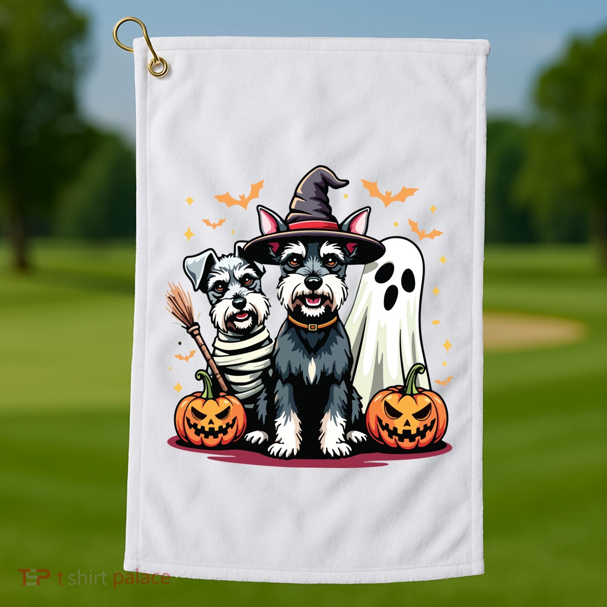 Miniature Schnauzer Halloween Costume Mummy Witch Ghost Dog Golf Towel