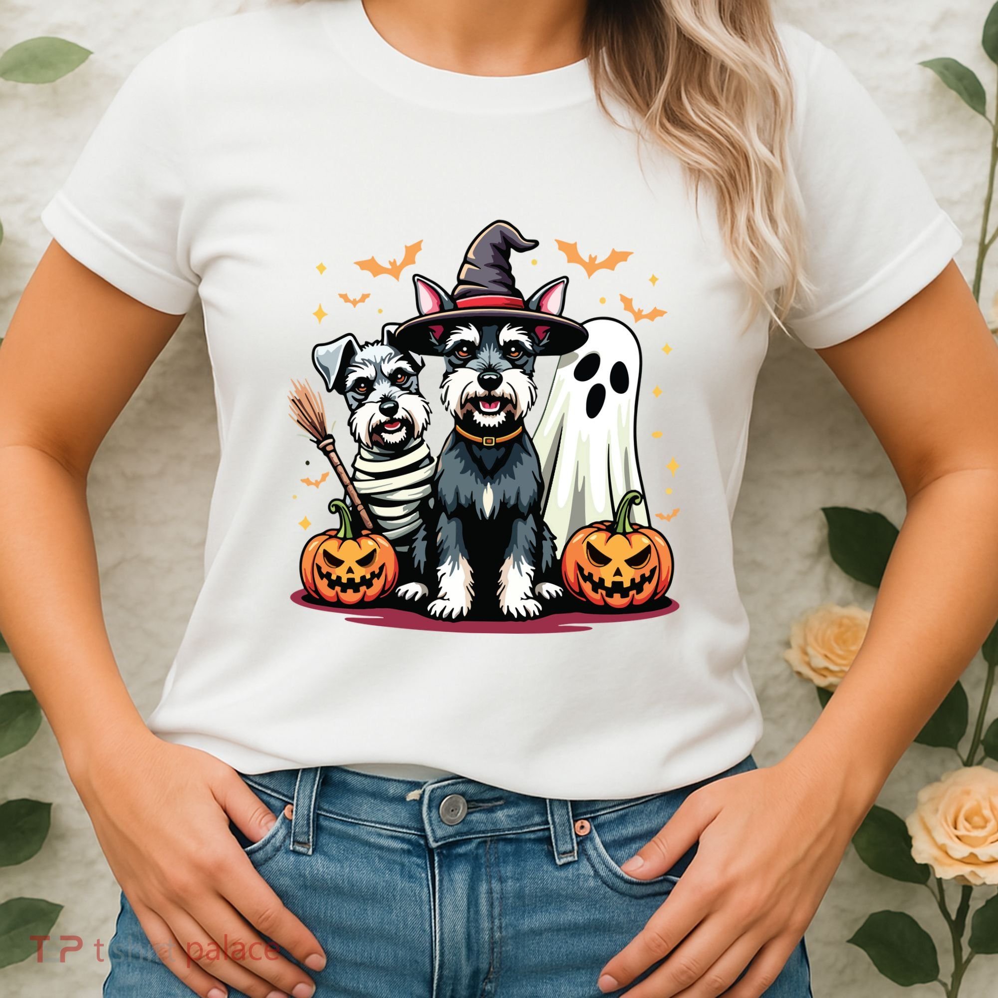 Miniature Schnauzer Halloween Costume Mummy Witch Ghost Dog Women's T-Shirt