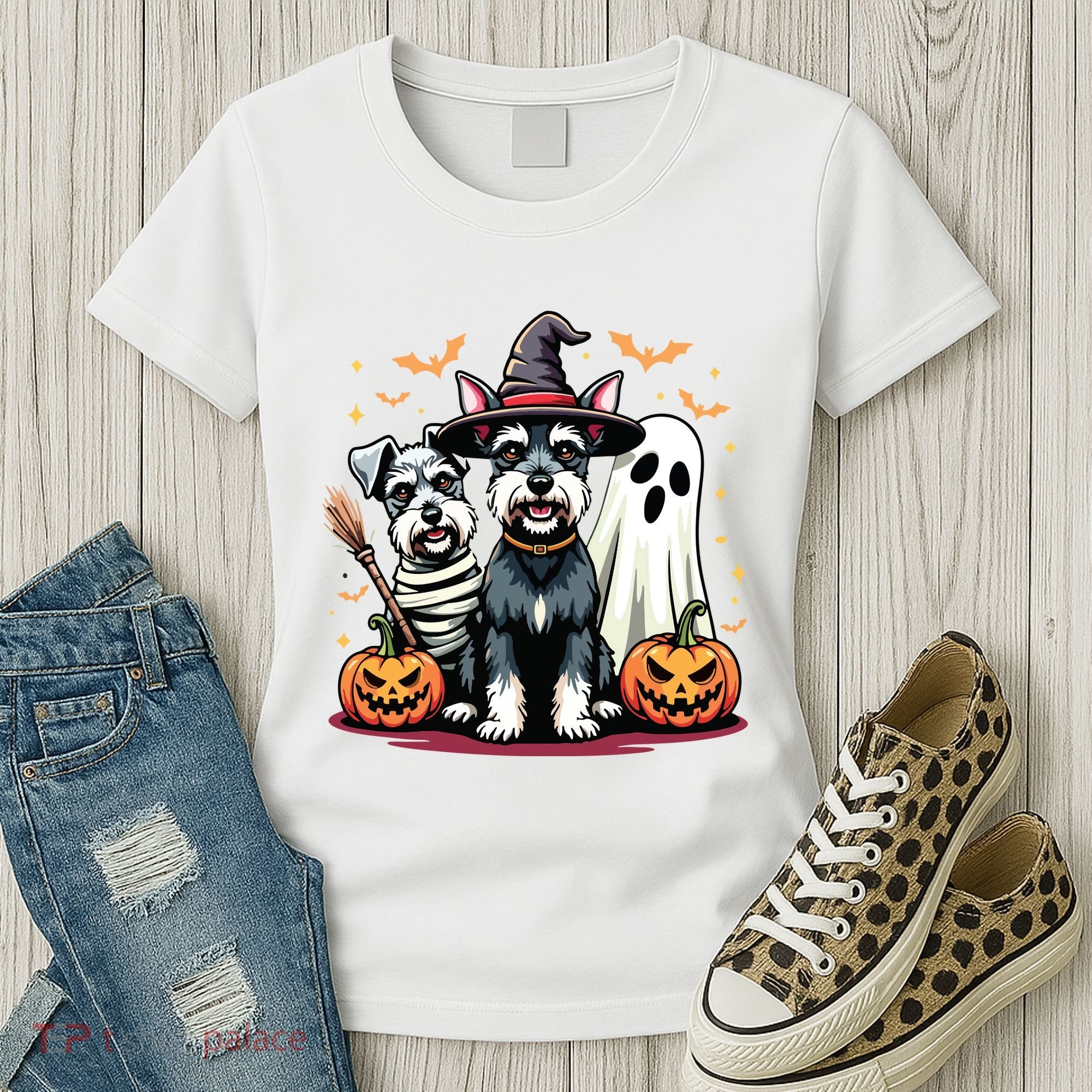 Miniature Schnauzer Halloween Costume Mummy Witch Ghost Dog Women's T-Shirt