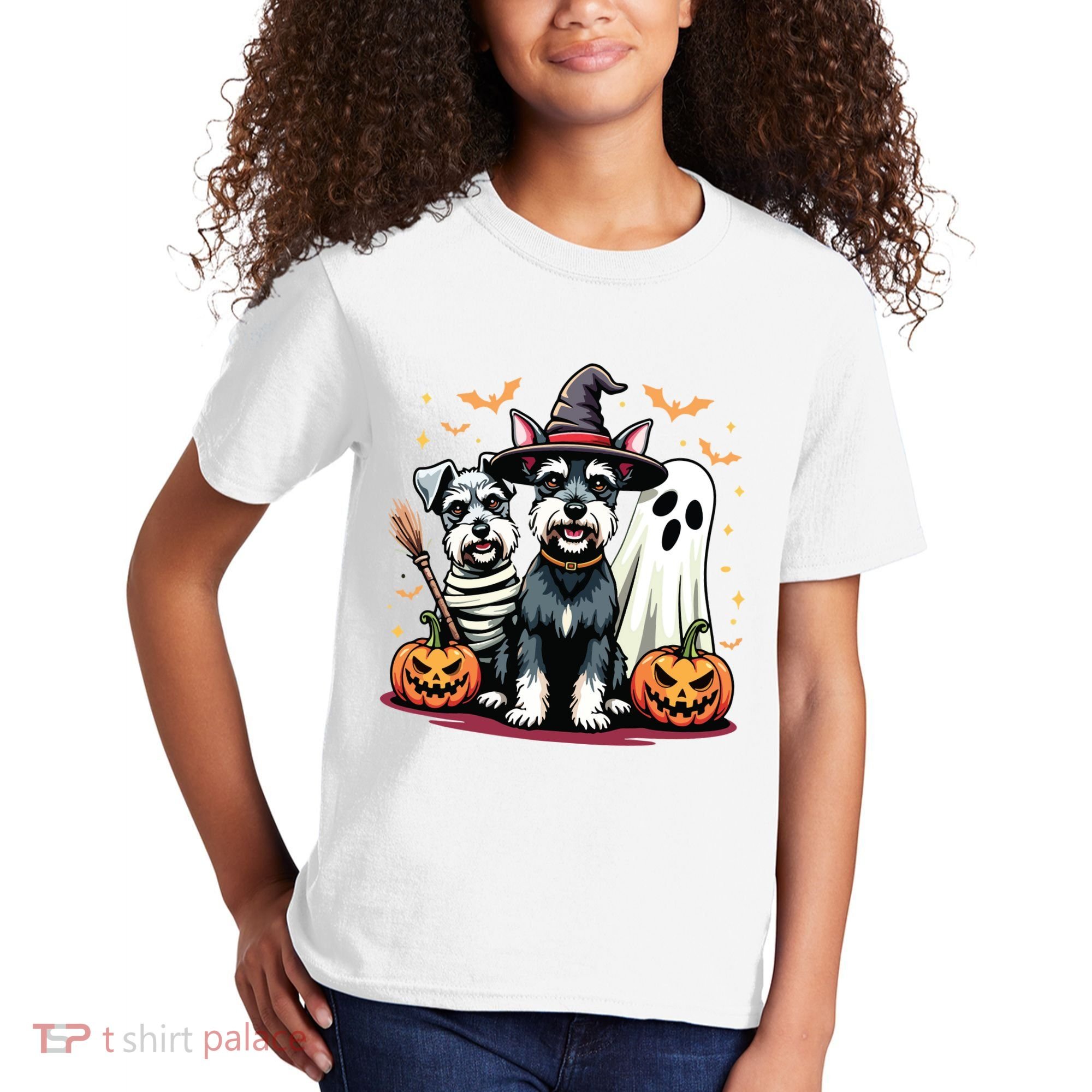 Miniature Schnauzer Halloween Costume Mummy Witch Ghost Dog Kids T-Shirt