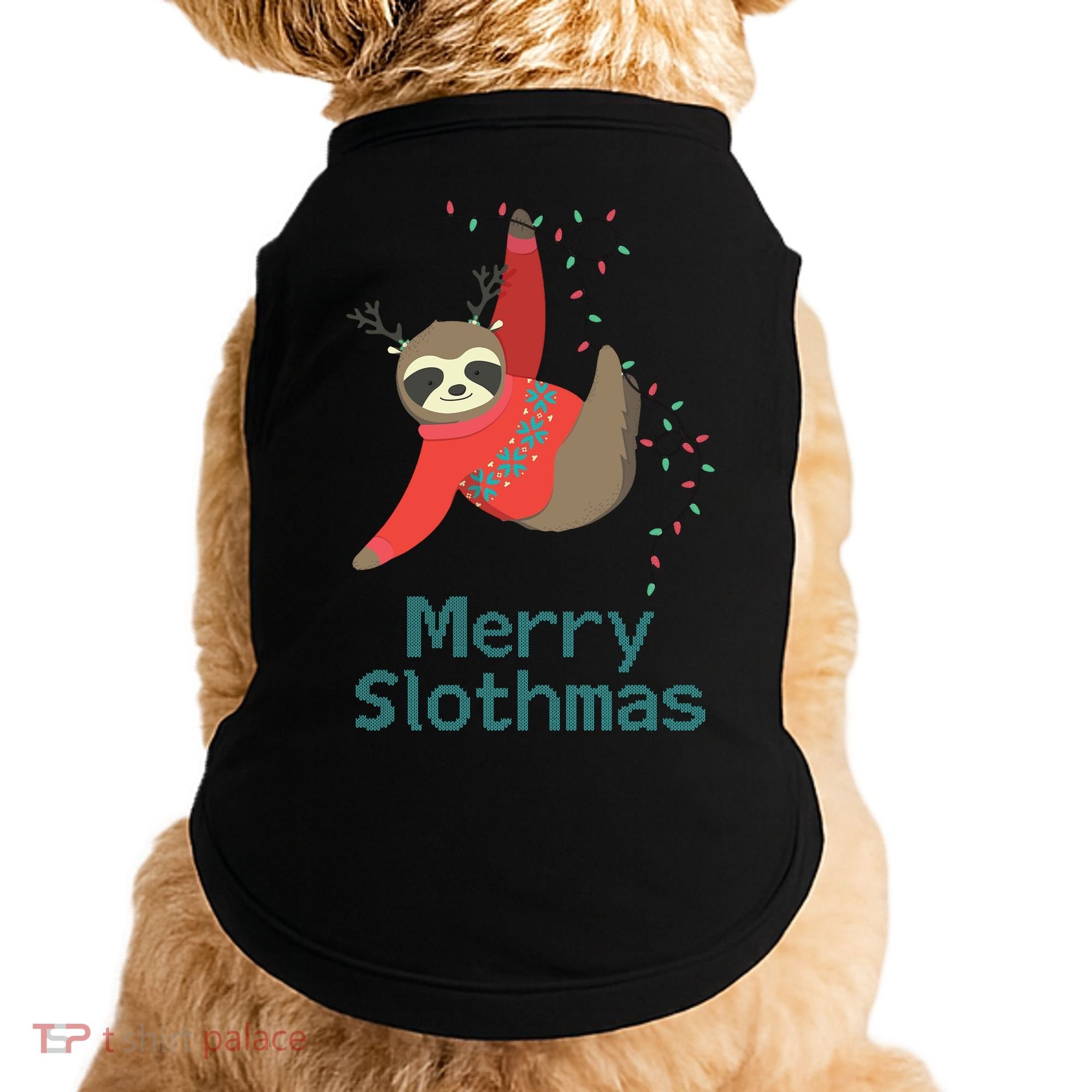 Merry Slothmas Hanging On Christmas Lights Doggie Tank