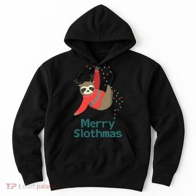 Merry Slothmas Hanging On Christmas Lights Hoodie