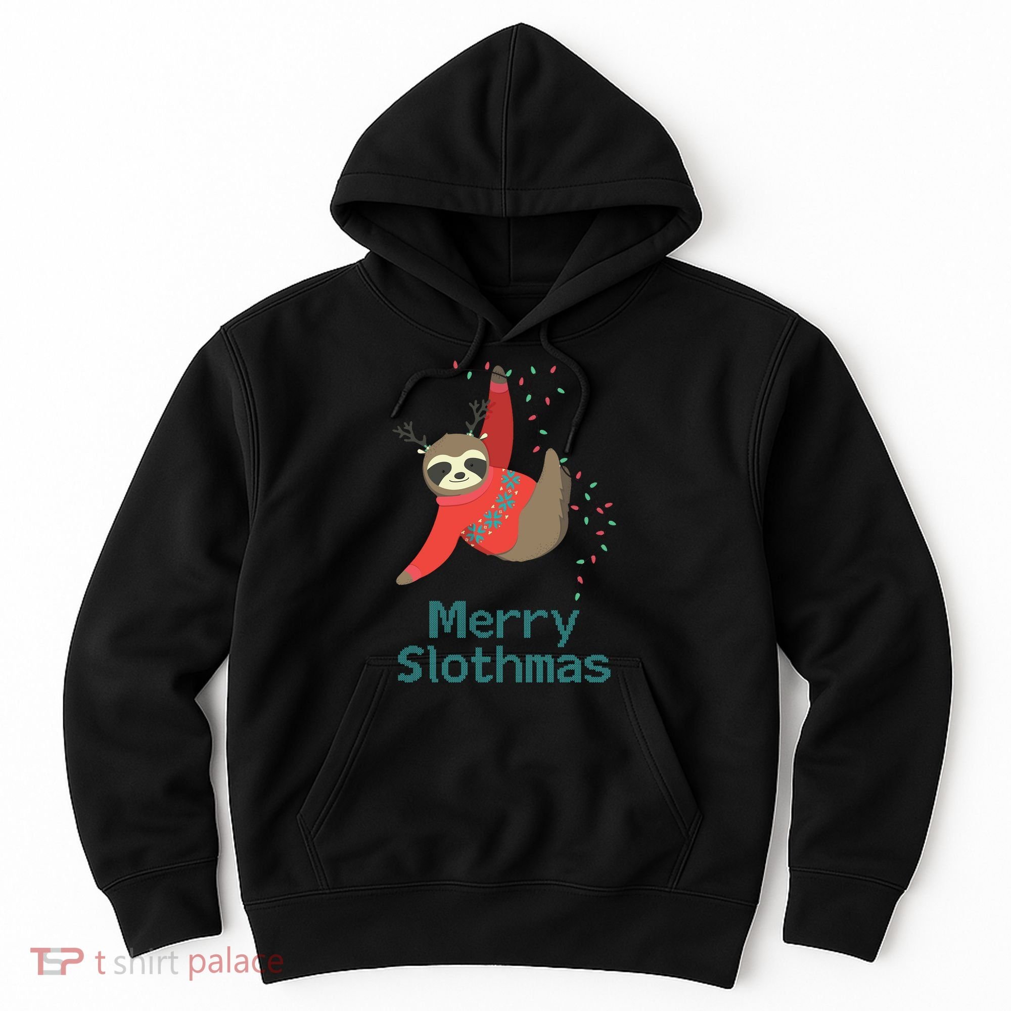 Merry Slothmas Hanging On Christmas Lights Hoodie