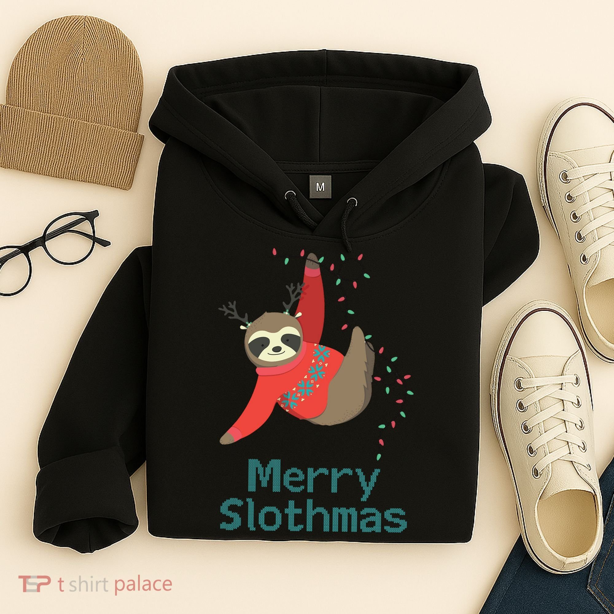 Merry Slothmas Hanging On Christmas Lights Hoodie