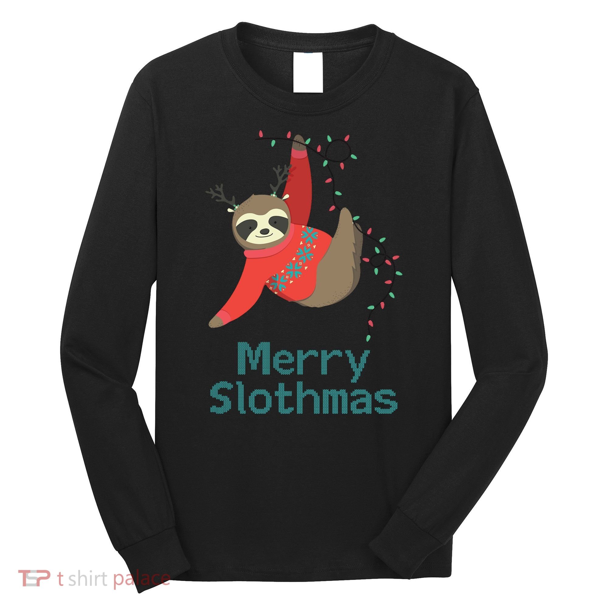 Merry Slothmas Hanging On Christmas Lights Long Sleeve Shirt