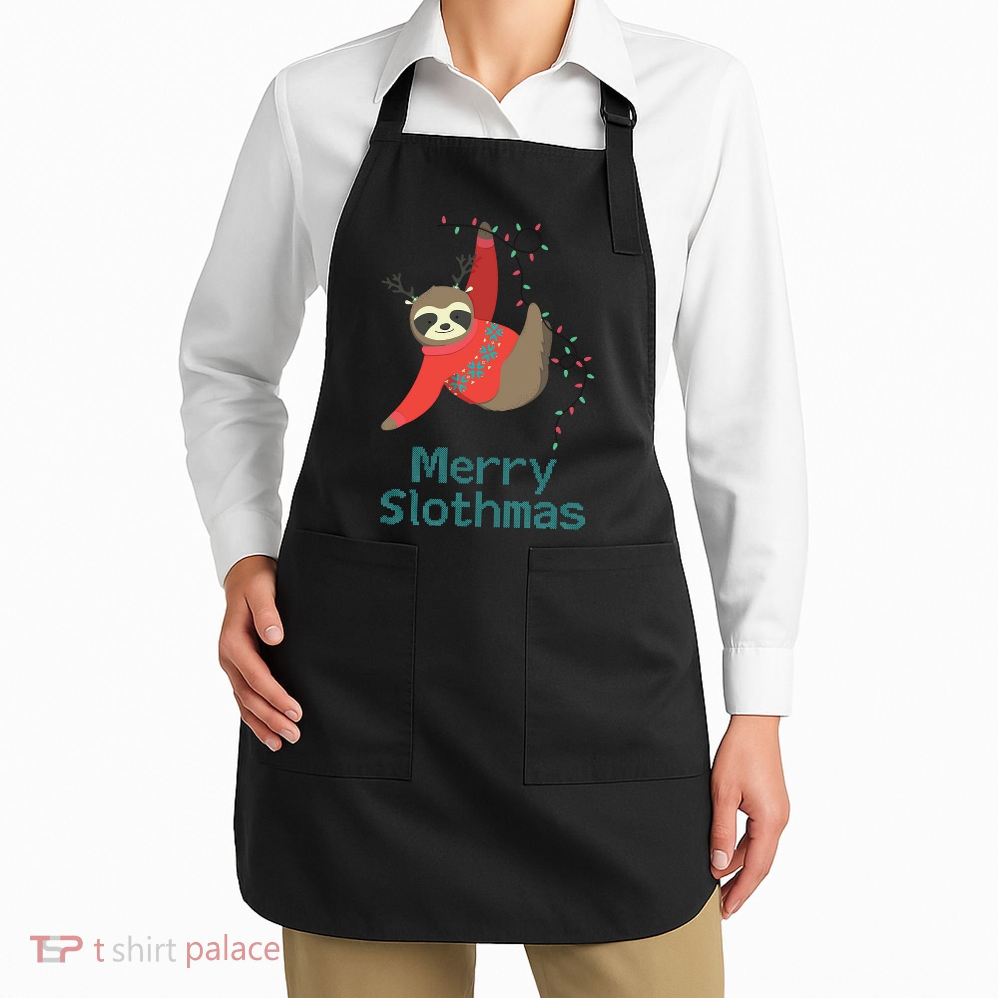 Merry Slothmas Hanging On Christmas Lights Apron