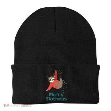 Merry Slothmas Hanging On Christmas Lights Beanie