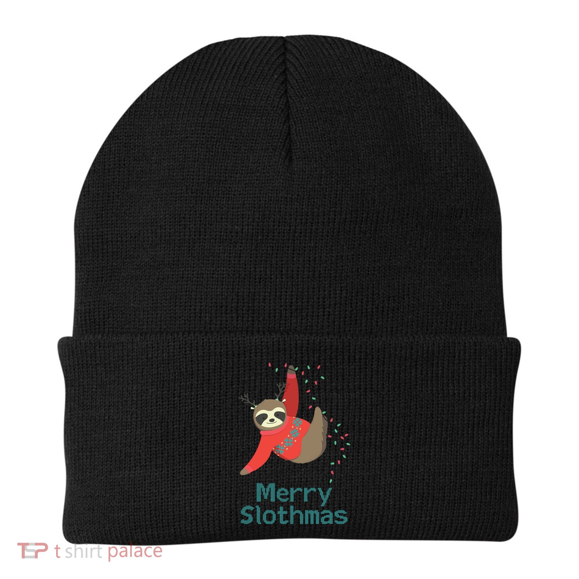 Merry Slothmas Hanging On Christmas Lights Beanie