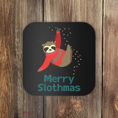 Merry Slothmas Hanging On Christmas Lights Coaster