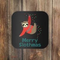Merry Slothmas Hanging On Christmas Lights Coaster thumb 0