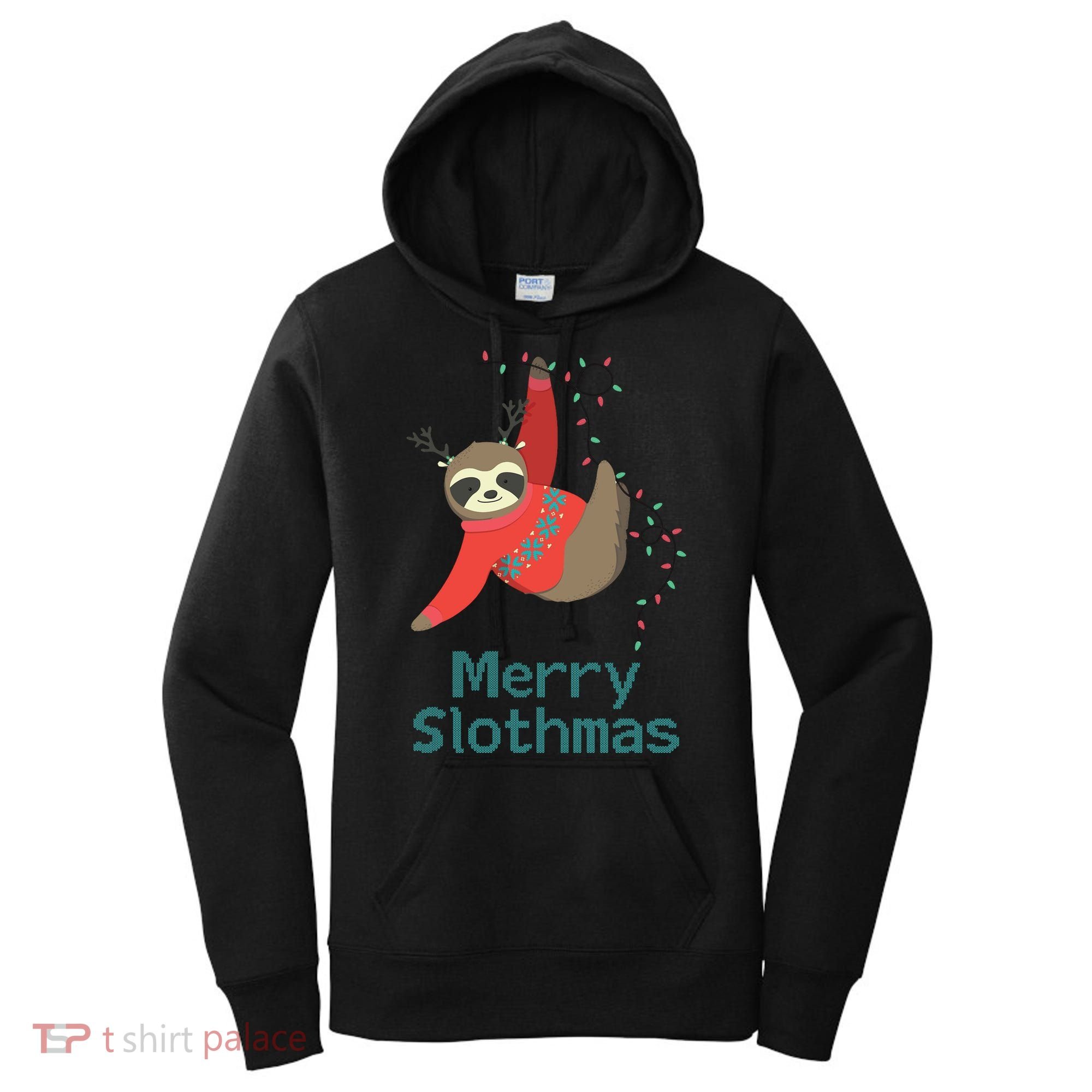Merry Slothmas Hanging On Christmas Lights Women's Hoodie
