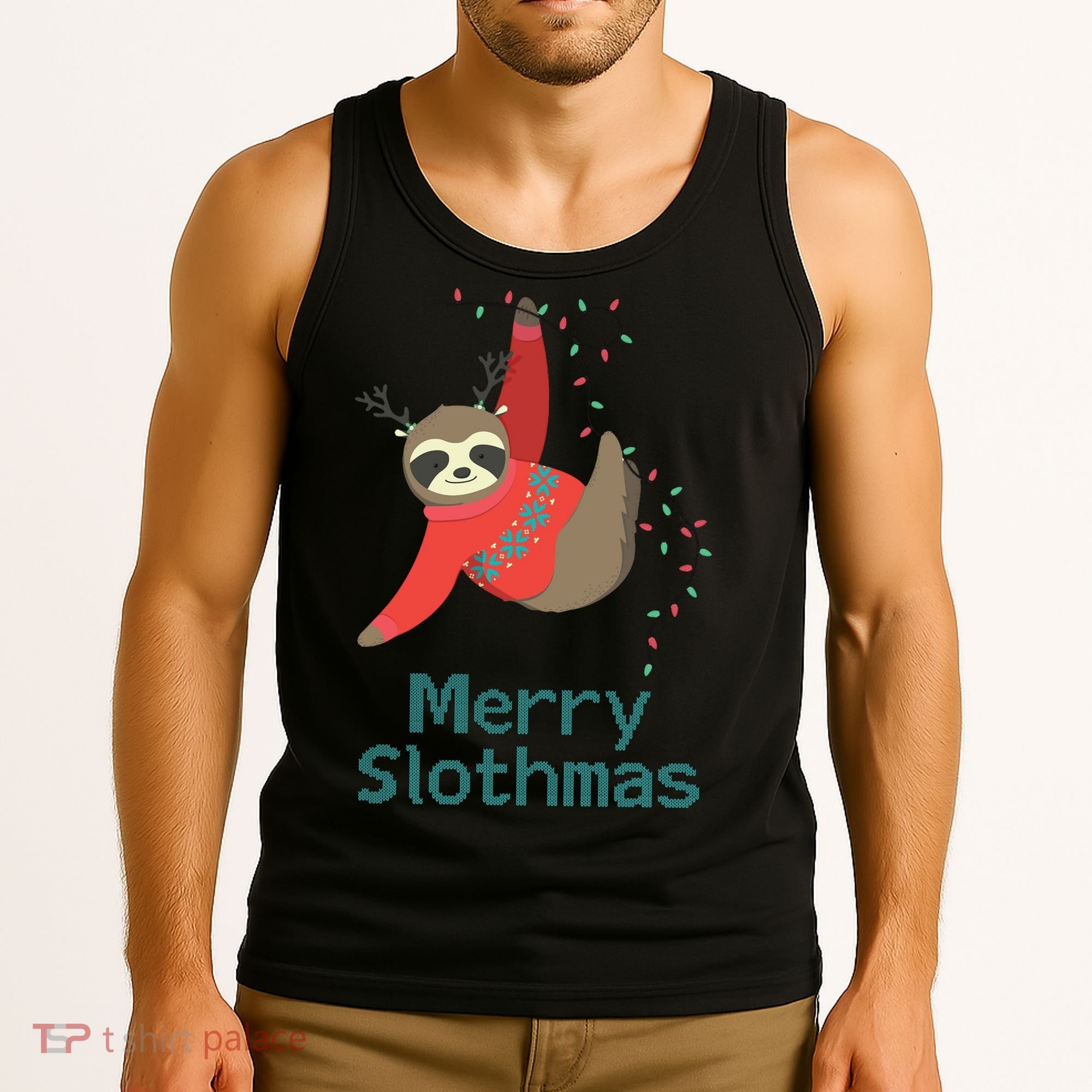Merry Slothmas Hanging On Christmas Lights Tank Top