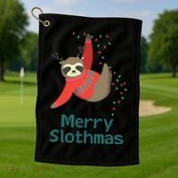 Merry Slothmas Hanging On Christmas Lights Golf Towel thumb 1
