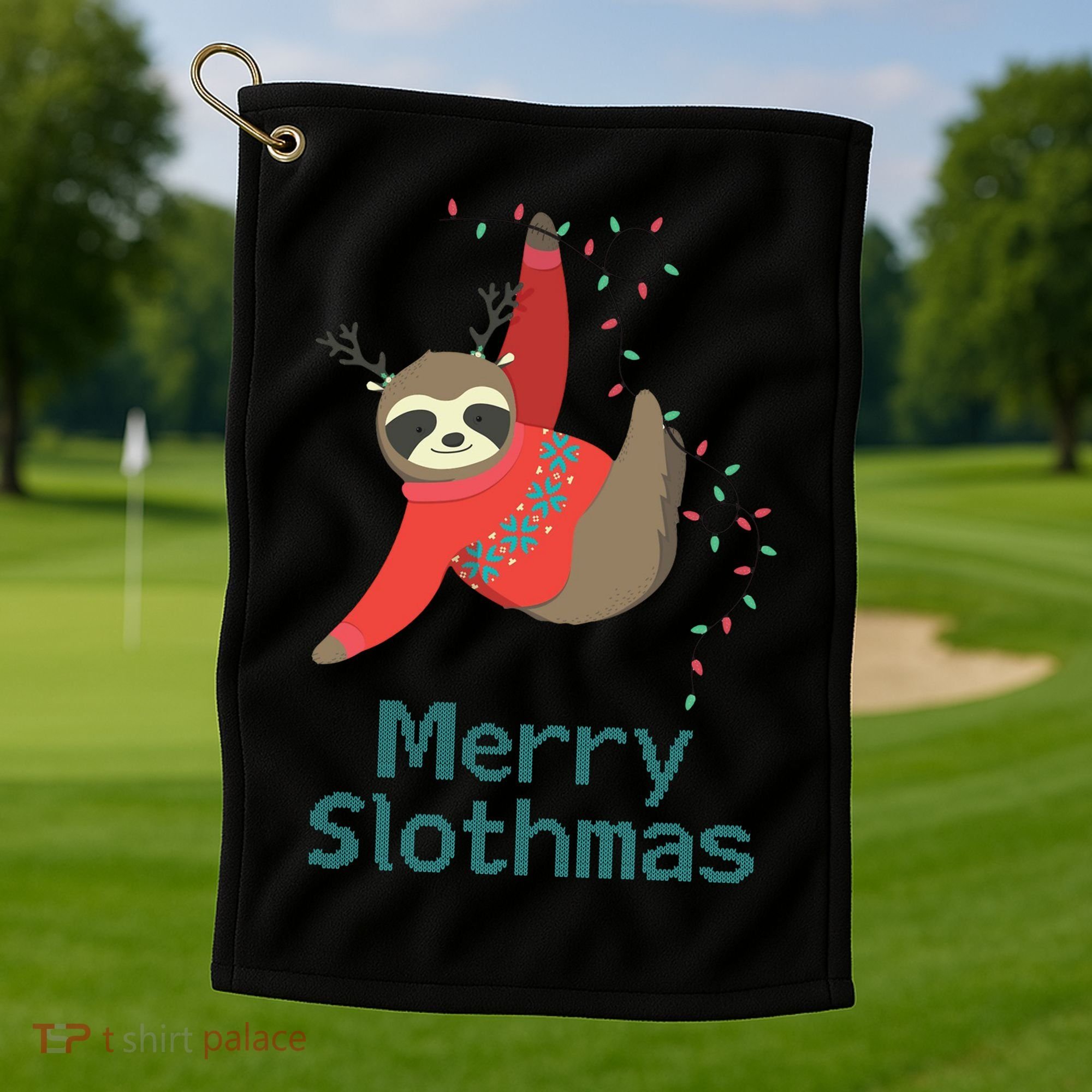 Merry Slothmas Hanging On Christmas Lights Golf Towel