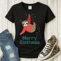 Merry Slothmas Hanging On Christmas Lights Women's T-Shirt thumb 3