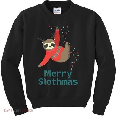 Merry Slothmas Hanging On Christmas Lights Kids Sweatshirt