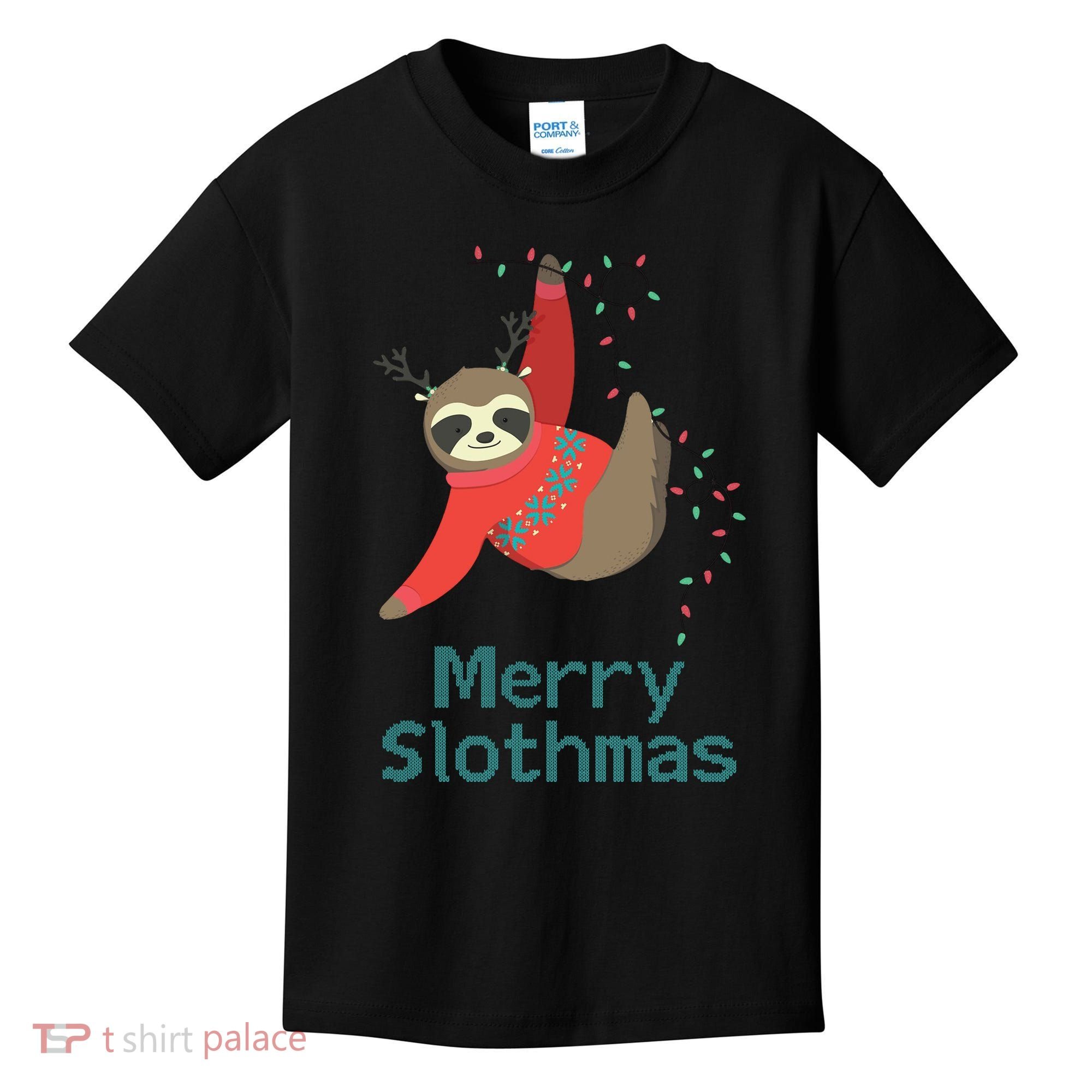 Merry Slothmas Hanging On Christmas Lights Kids T-Shirt