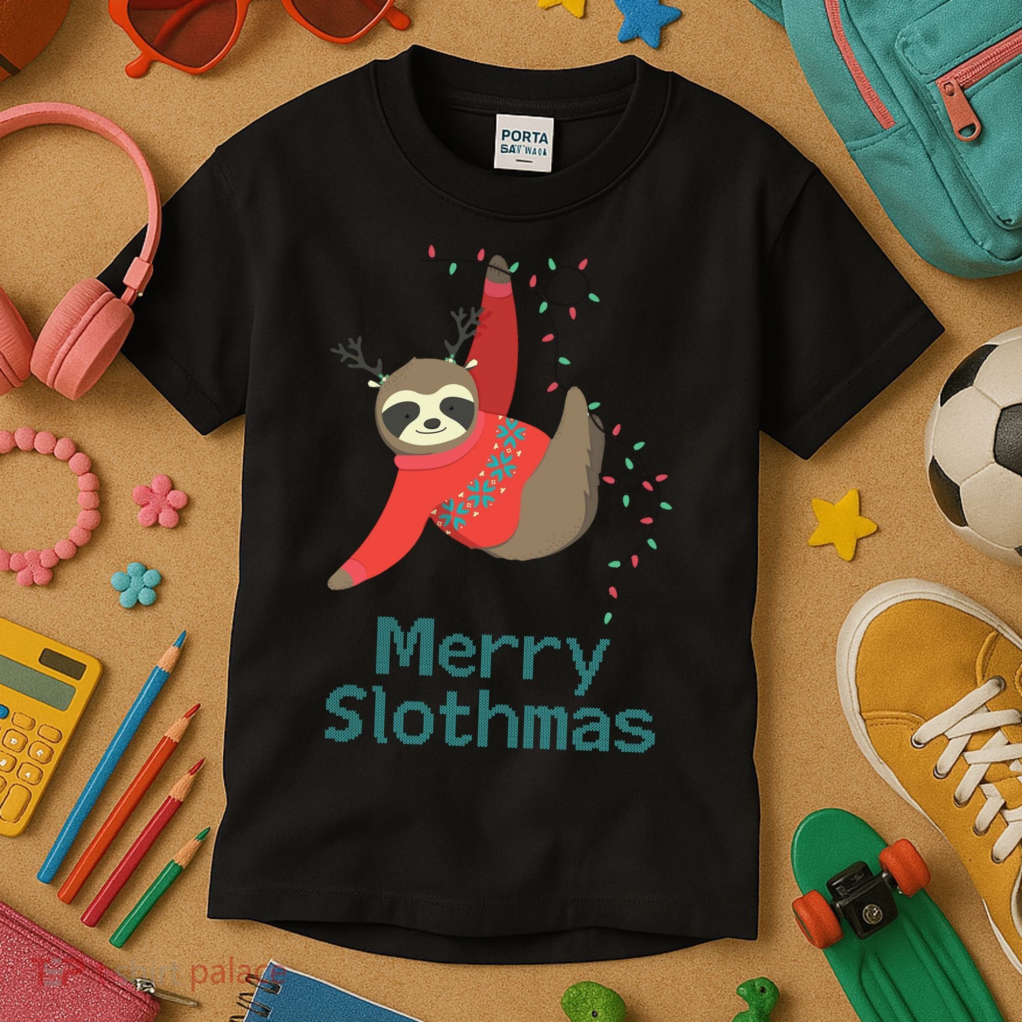 Merry Slothmas Hanging On Christmas Lights Kids T-Shirt