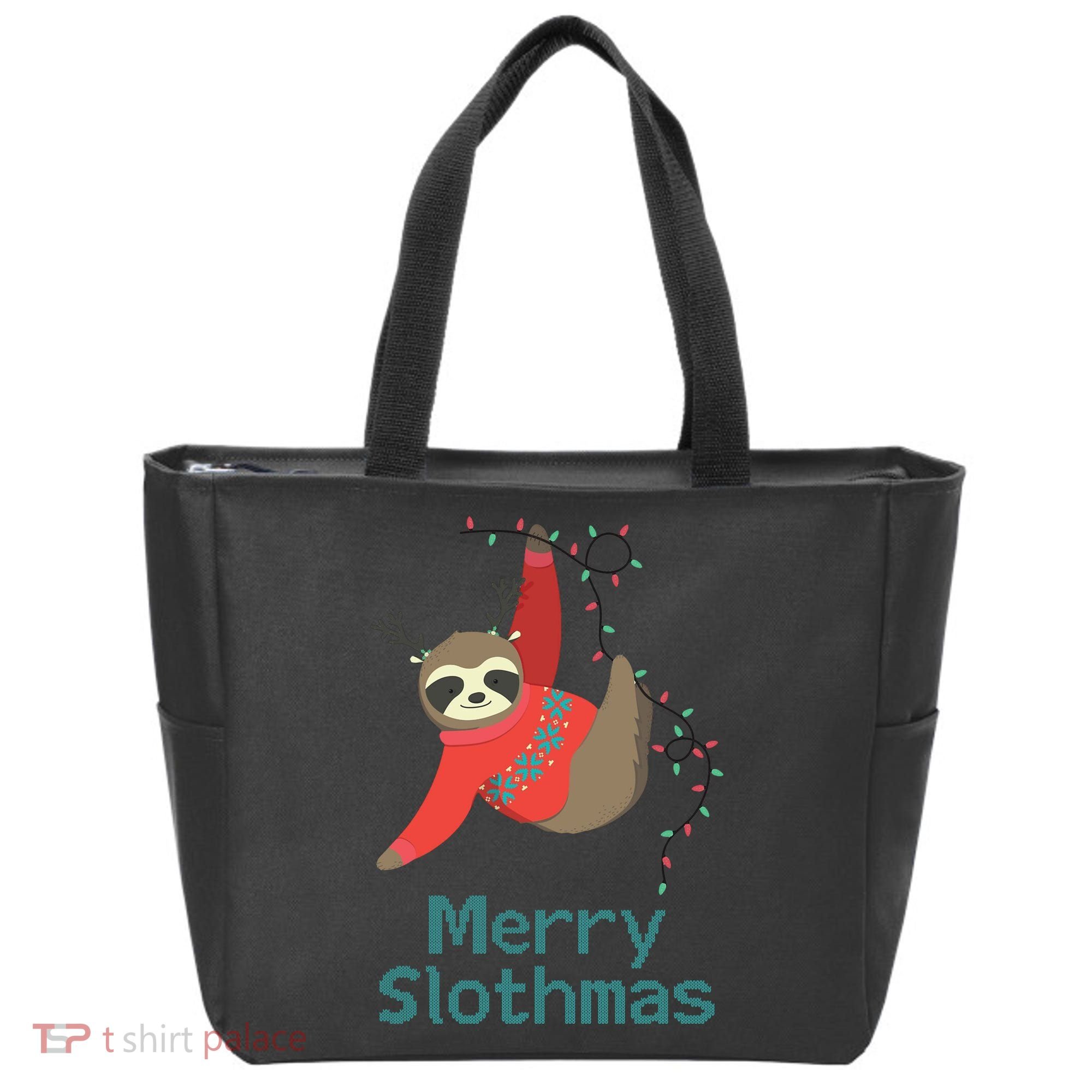 Merry Slothmas Hanging On Christmas Lights Tote Bag