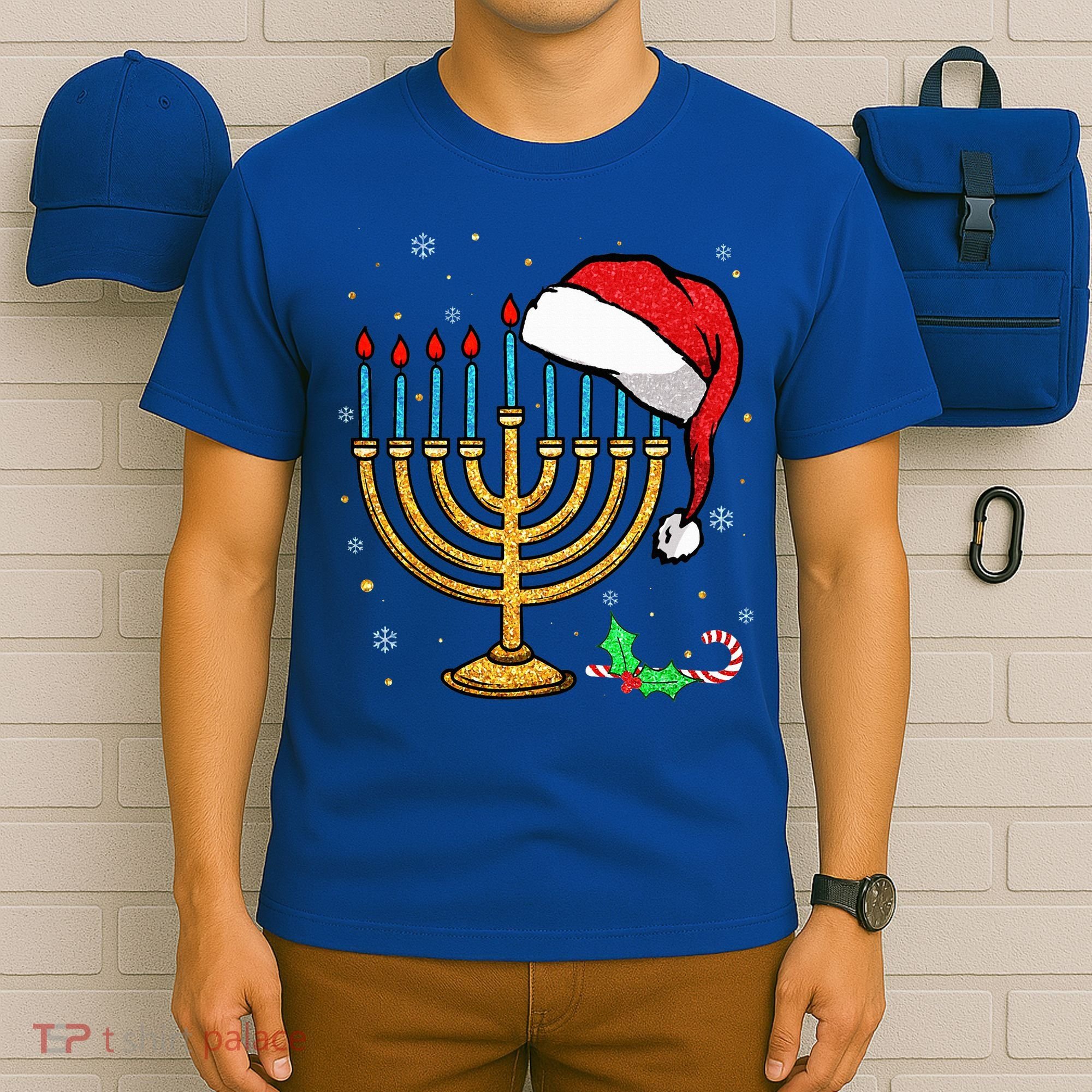 Menorah Santa Hat Chanukah Hanukkah Jewish Christmas Pajama   T-Shirt