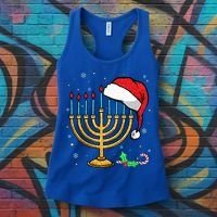 Menorah Santa Hat Chanukah Hanukkah Jewish Christmas Pajama   Women's Tank Top thumb 3