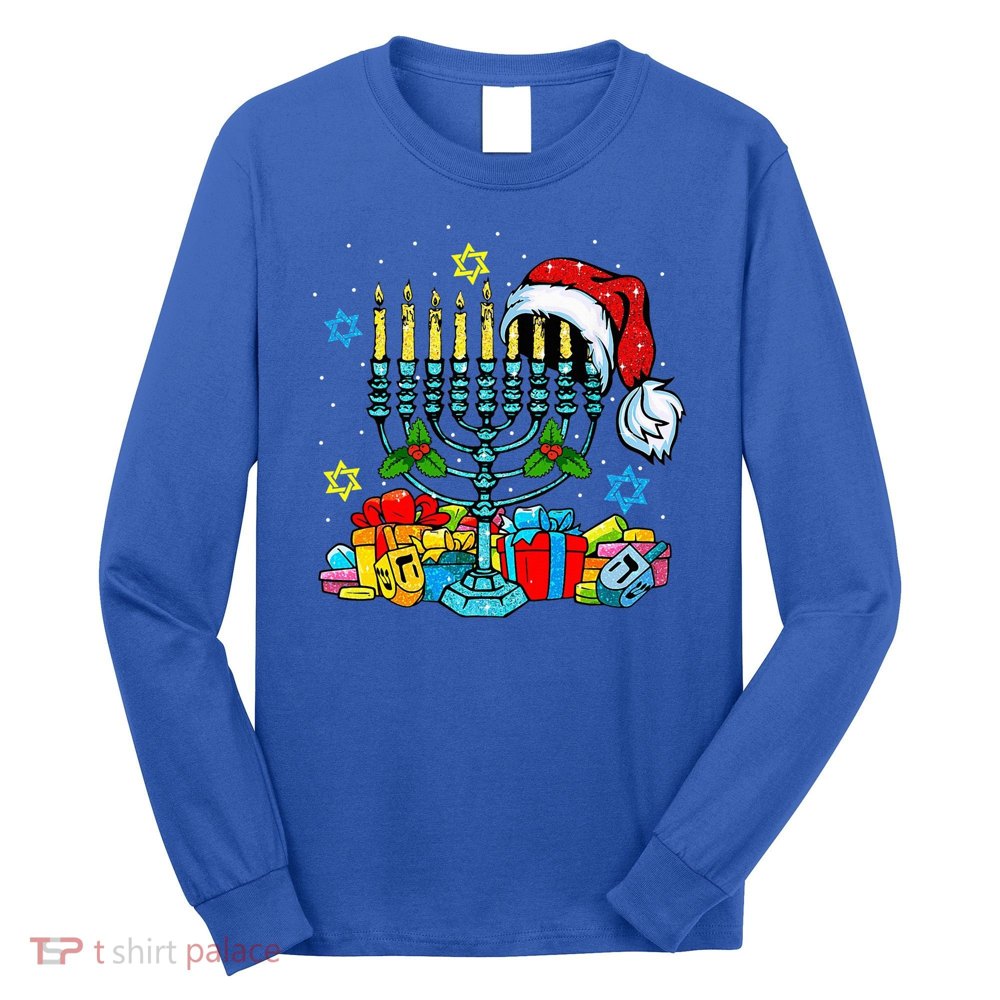 Menorah Santa Hat Chanukah Hanukkah Jewish Christmas Pajama  Long Sleeve Shirt