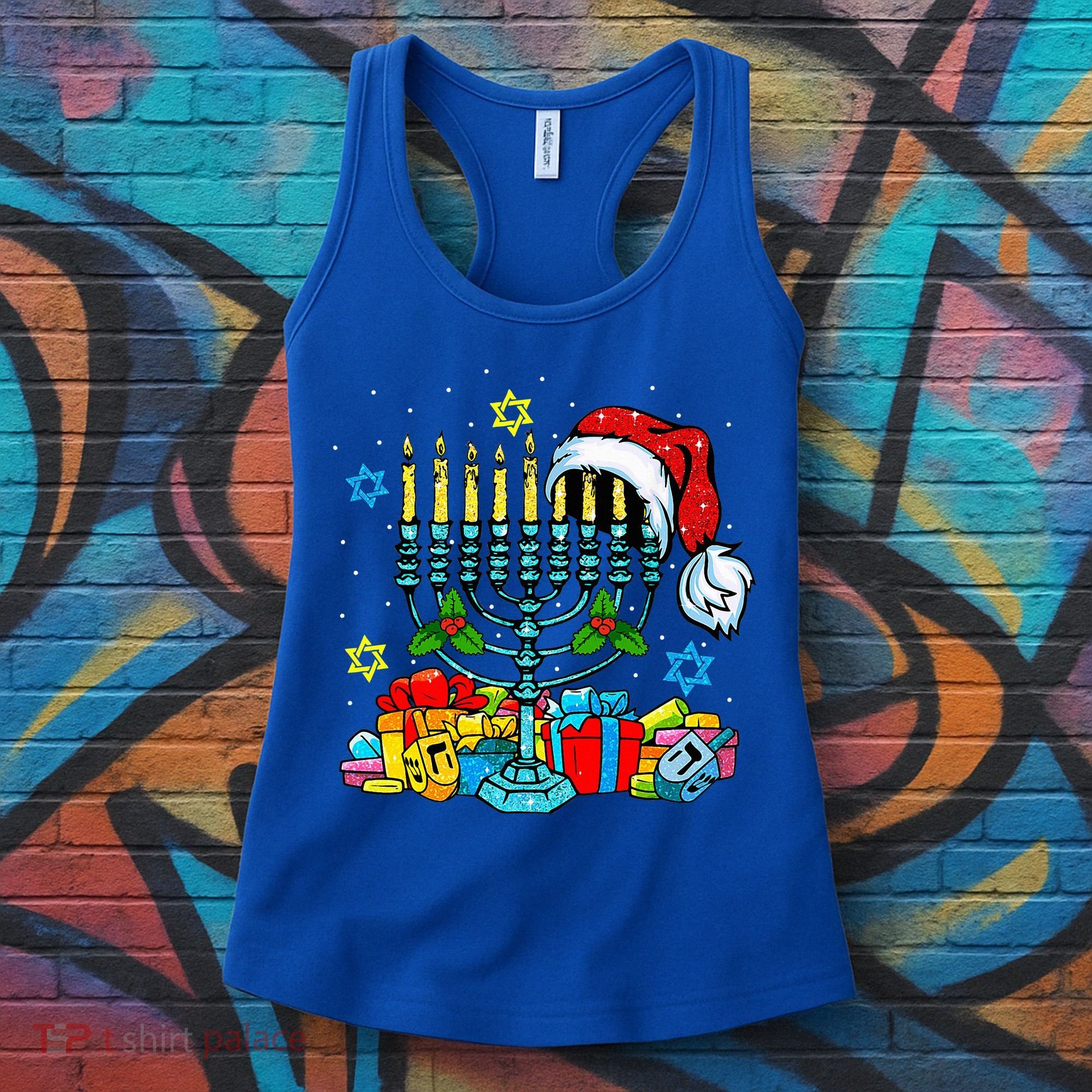 Menorah Santa Hat Chanukah Hanukkah Jewish Christmas Pajama  Women's Tank Top