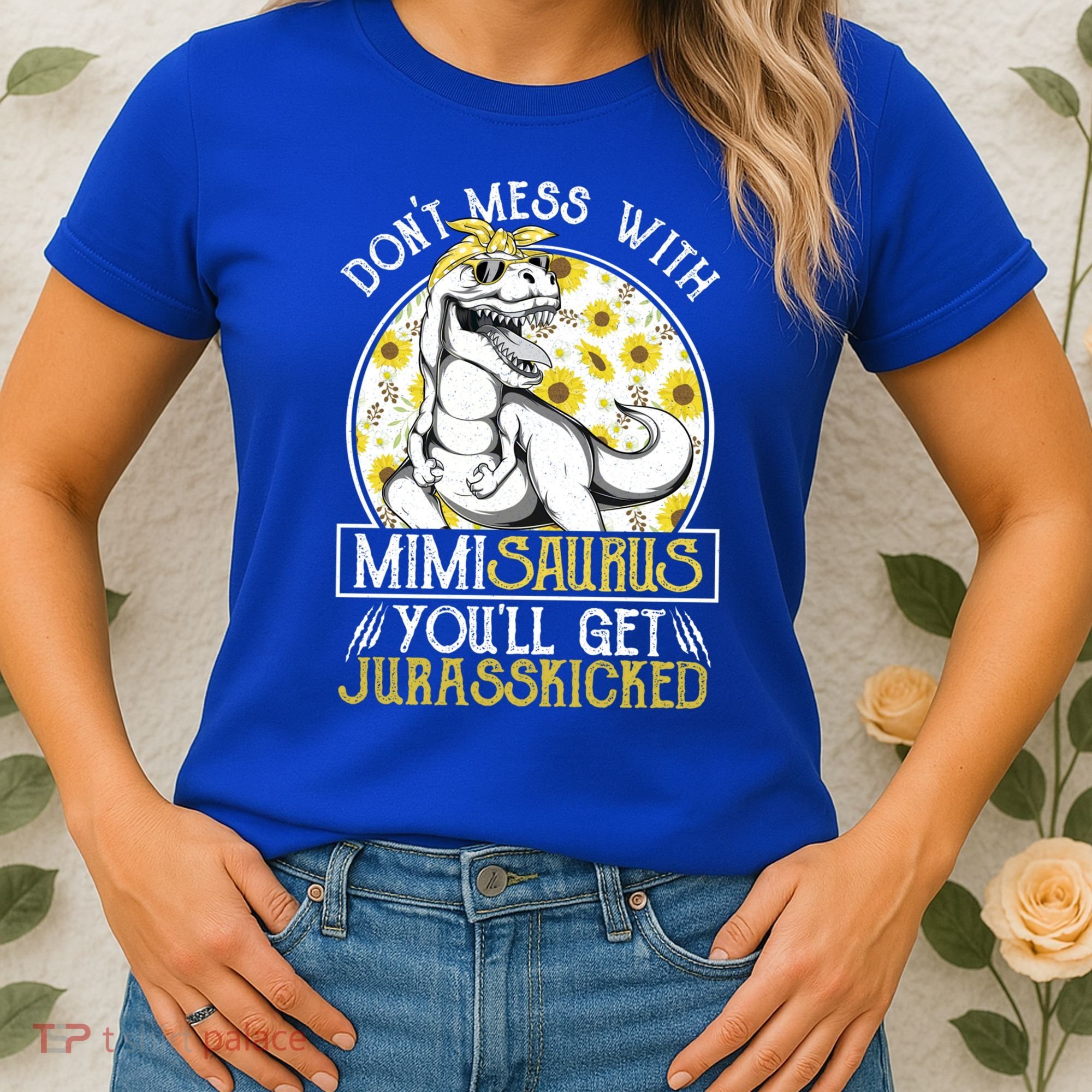 Mimi Saurus Jurasskicked Sunflower Grandma T Rex Gift Women's T-Shirt
