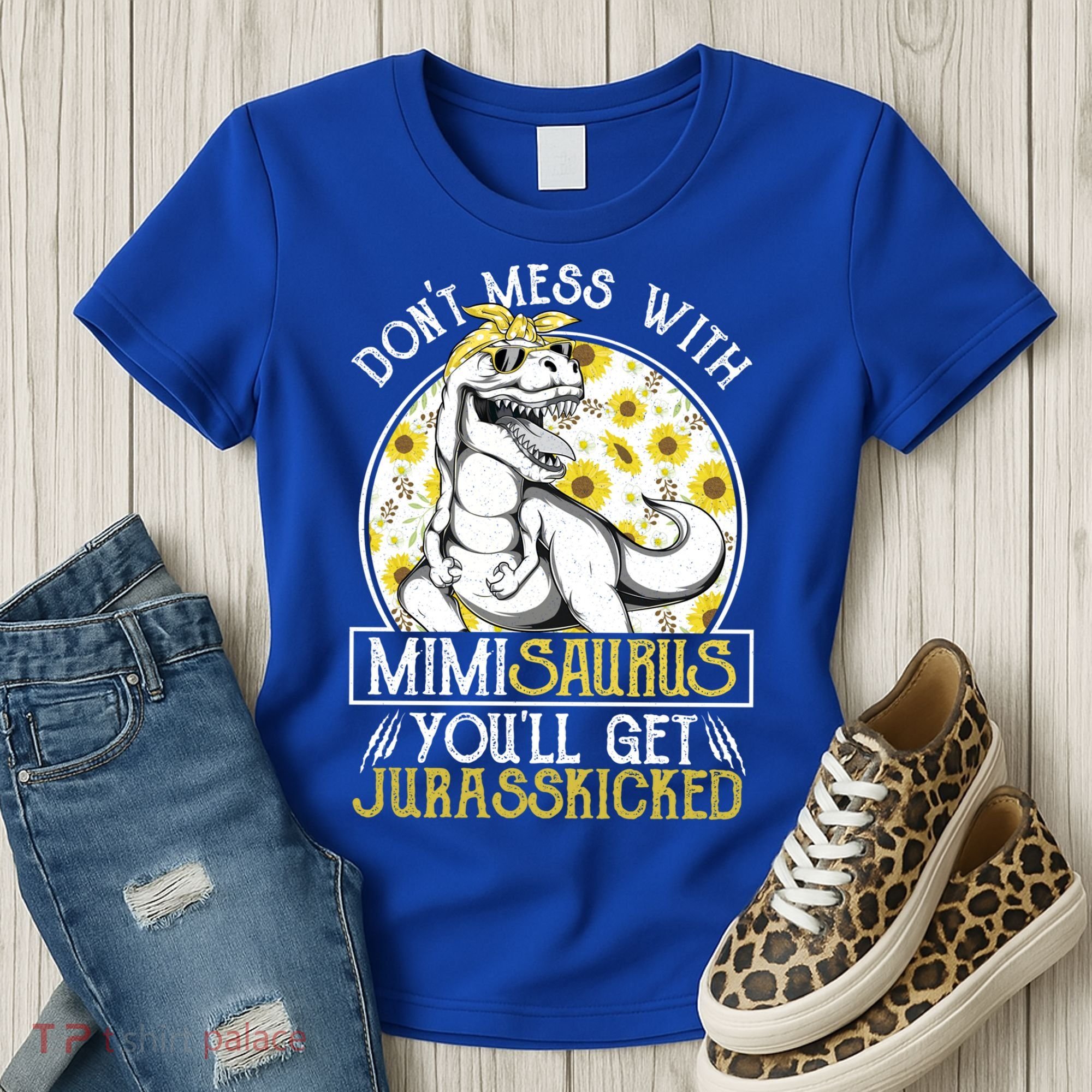 Mimi Saurus Jurasskicked Sunflower Grandma T Rex Gift Women's T-Shirt