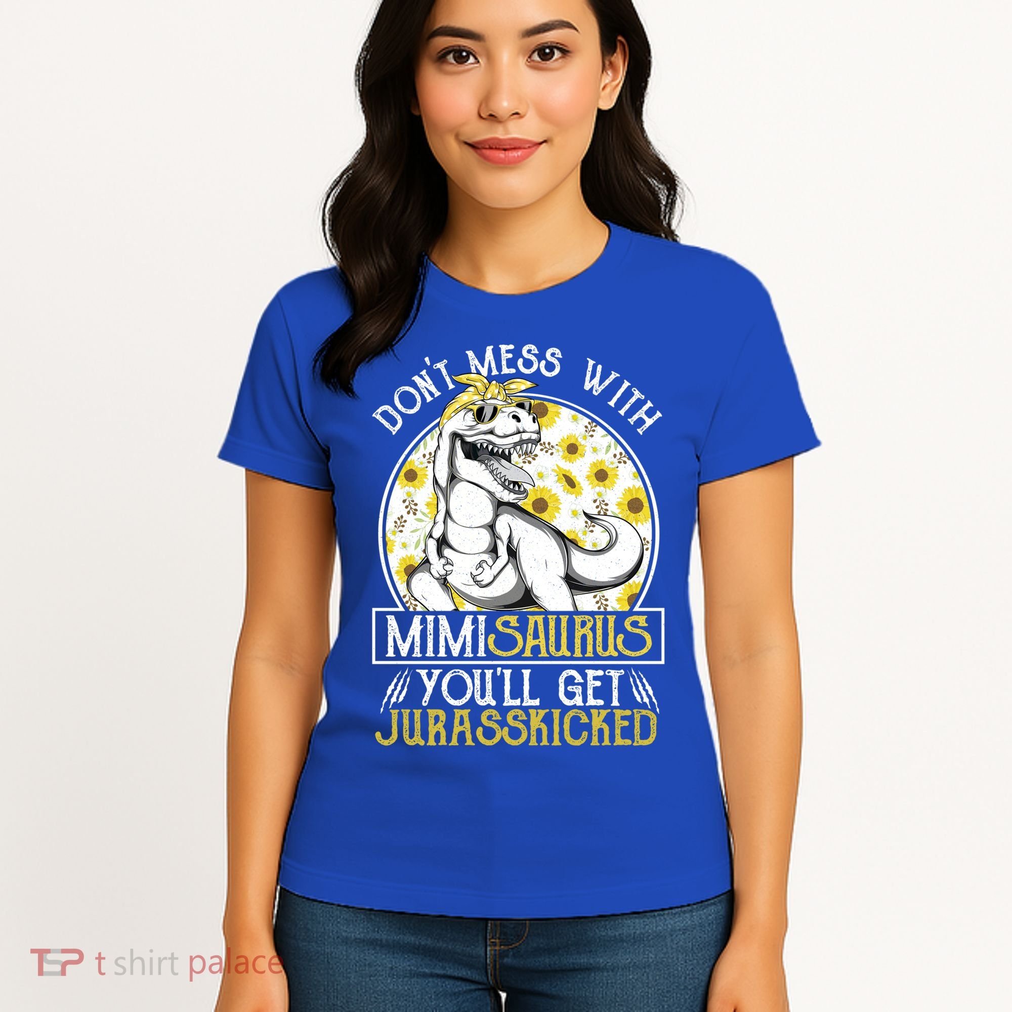Mimi Saurus Jurasskicked Sunflower Grandma T Rex Gift Women's T-Shirt